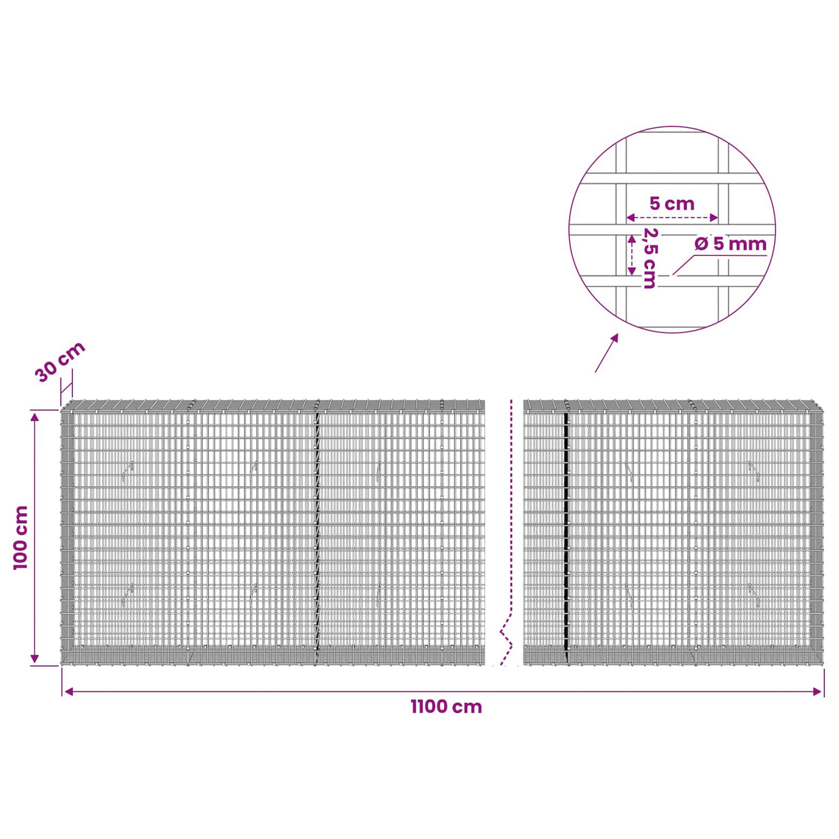 Gabionas su 5 mm viela ir 5x2,5 cm tinkleliu 1100x30x100 cm