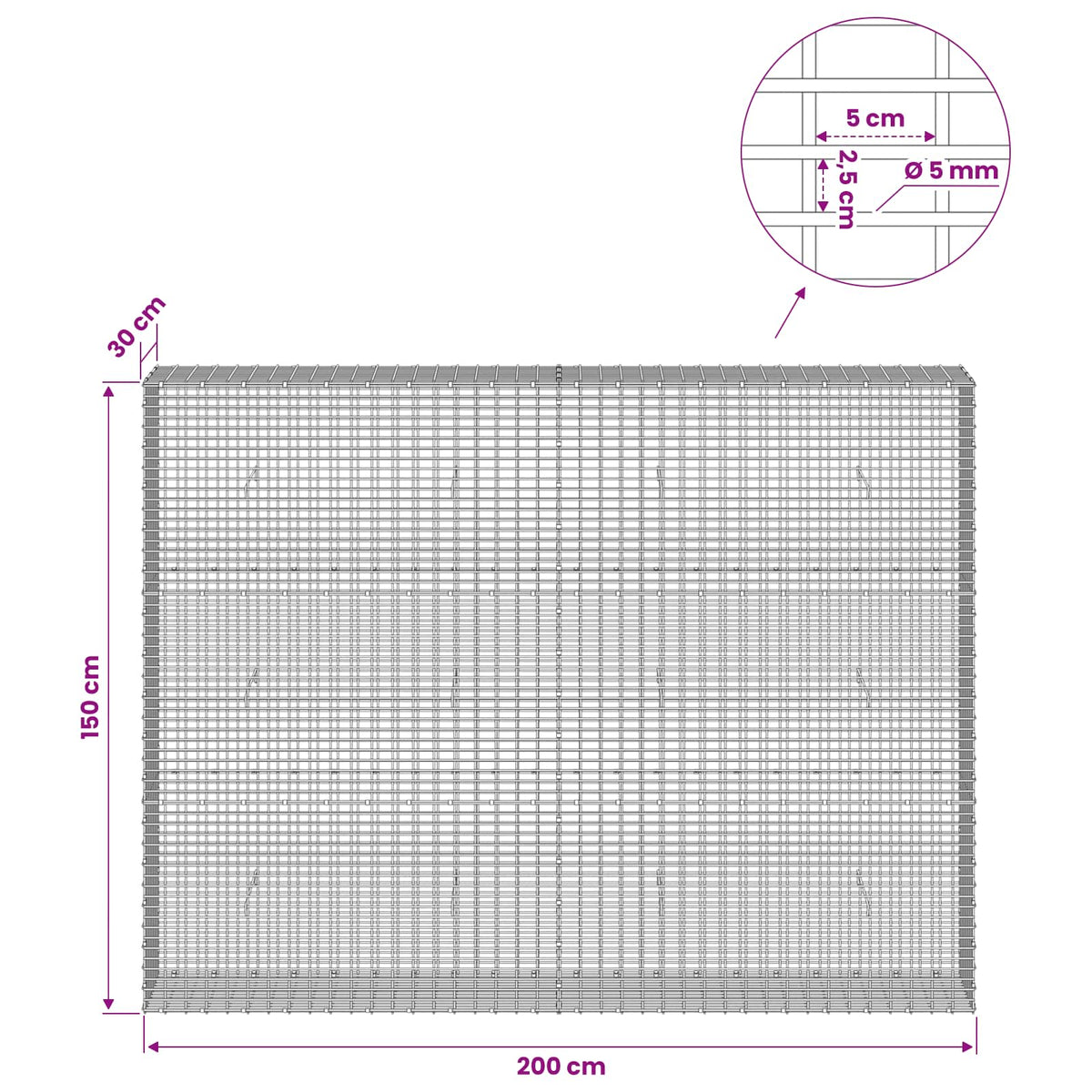 Gabionas su 5 mm viela ir 5x2,5 cm tinkleliu 200x30x150 cm