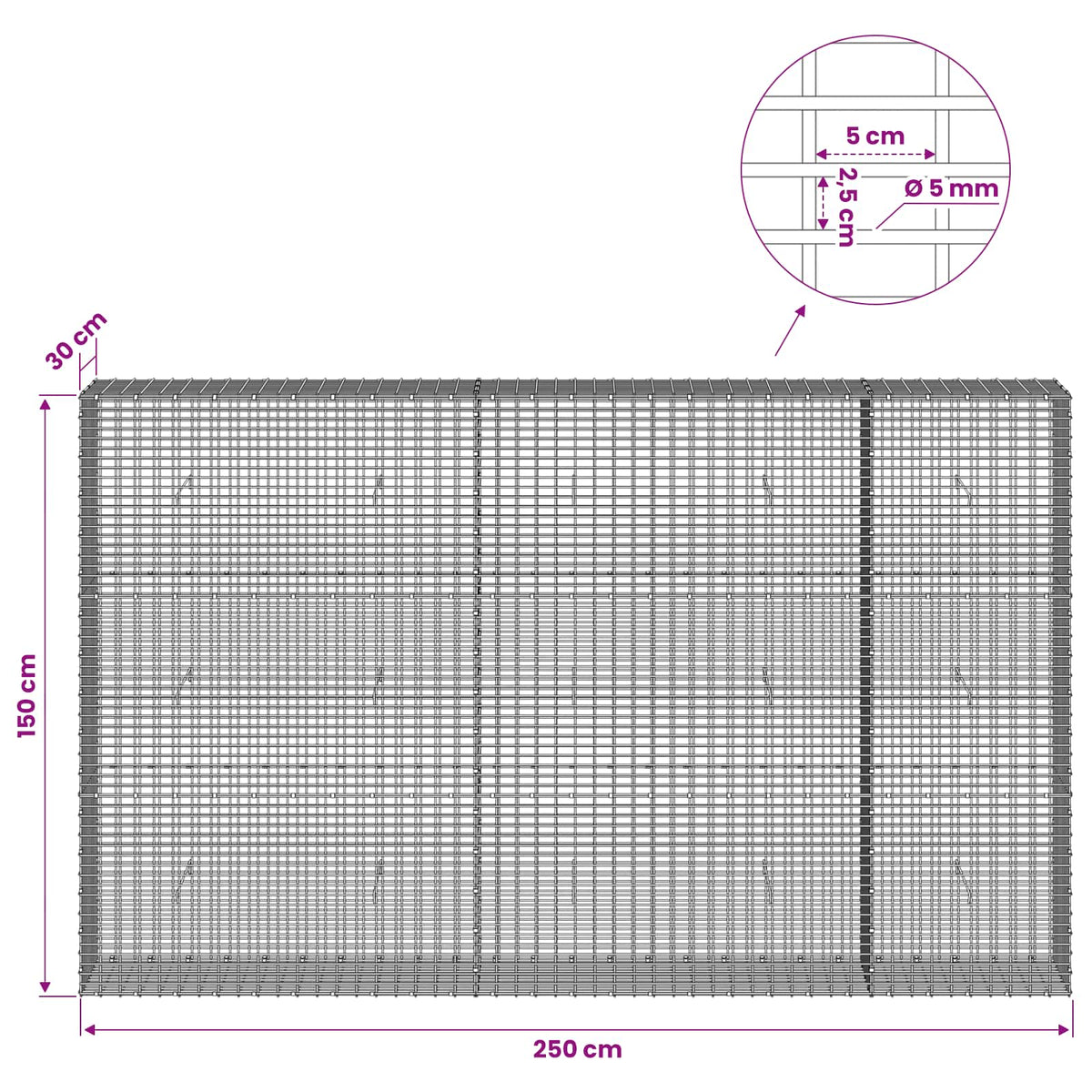 Gabionas su 5 mm viela ir 5x2,5 cm tinkleliu 250x30x150 cm