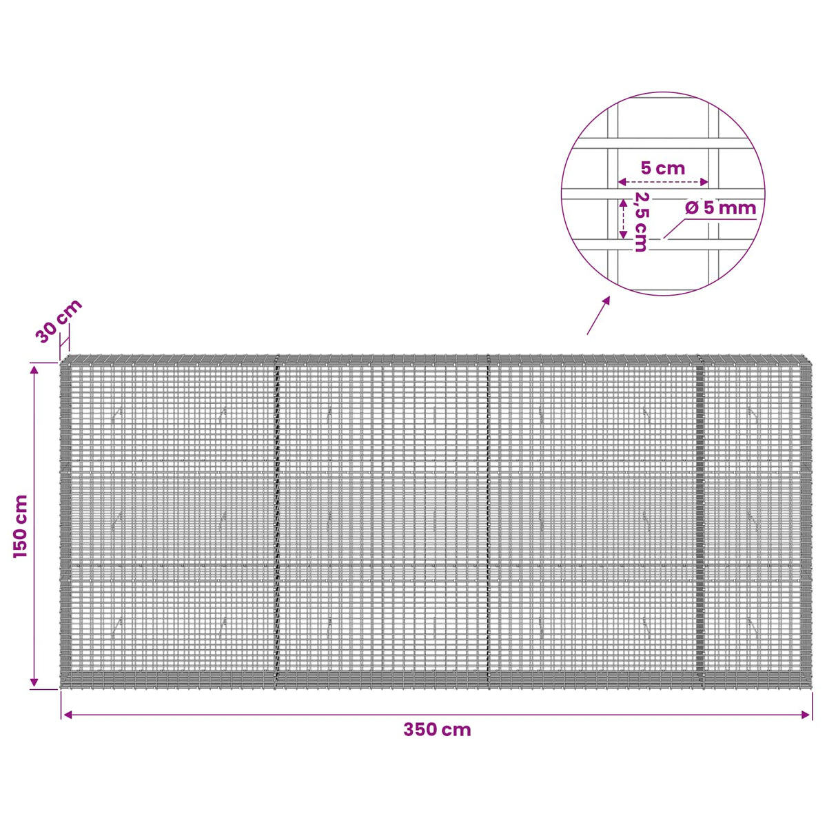 Gabionas su 5 mm viela ir 5x2,5 cm tinkleliu 350x30x150 cm