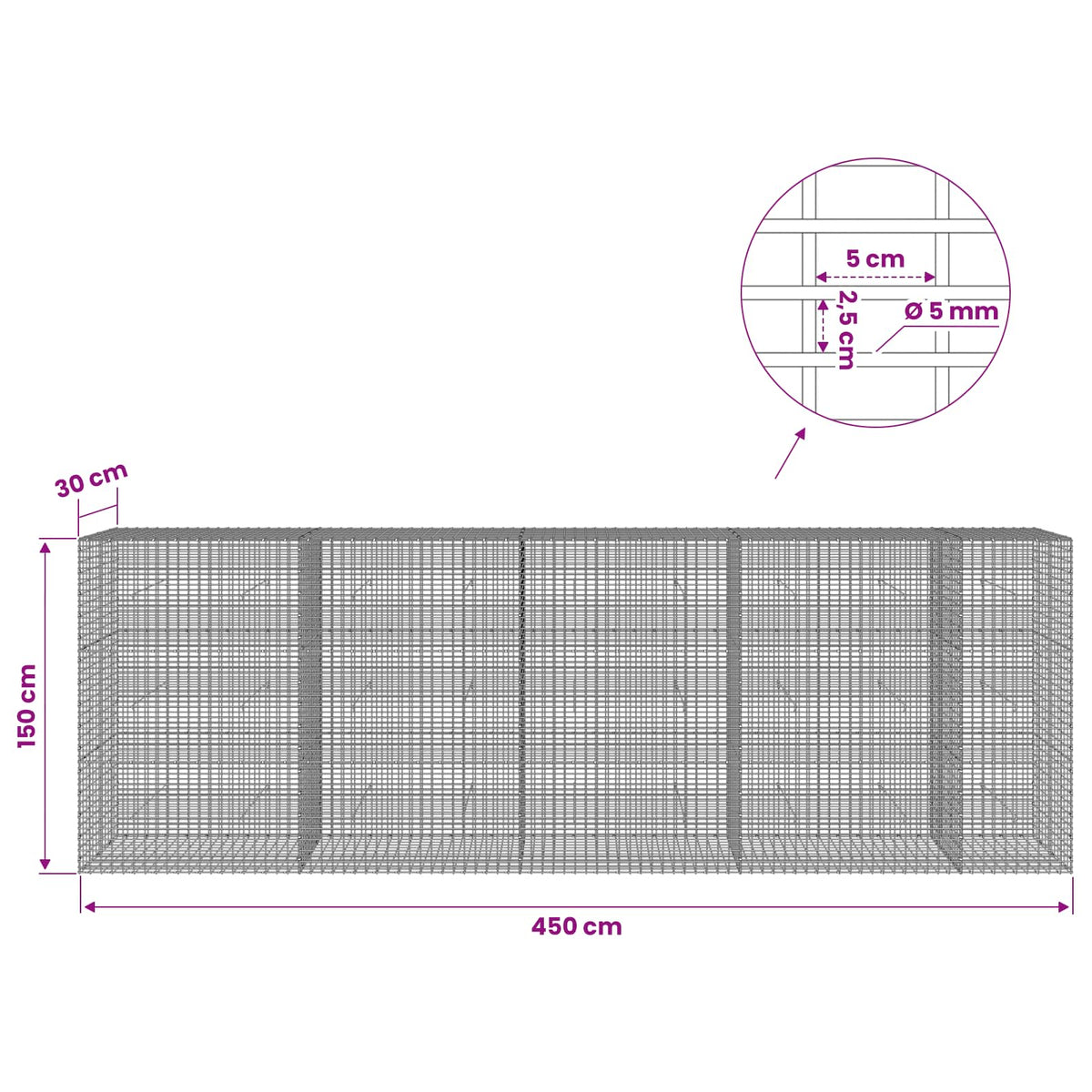Gabionas su 5 mm viela ir 5x2,5 cm tinkleliu 450x30x150 cm