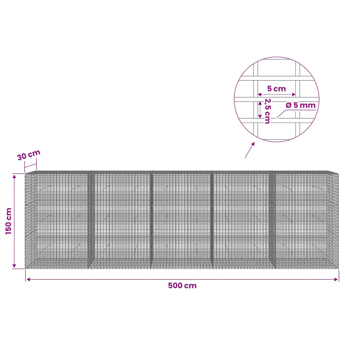 Gabionas su 5 mm viela ir 5x2,5 cm tinkleliu 500x30x150 cm