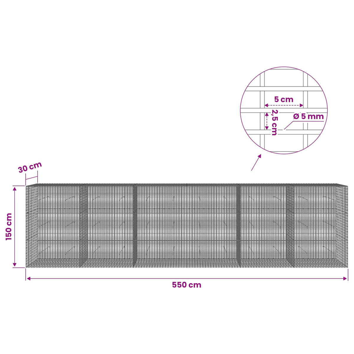 Gabionas su 5 mm viela ir 5x2,5 cm tinkleliu 600x30x150 cm