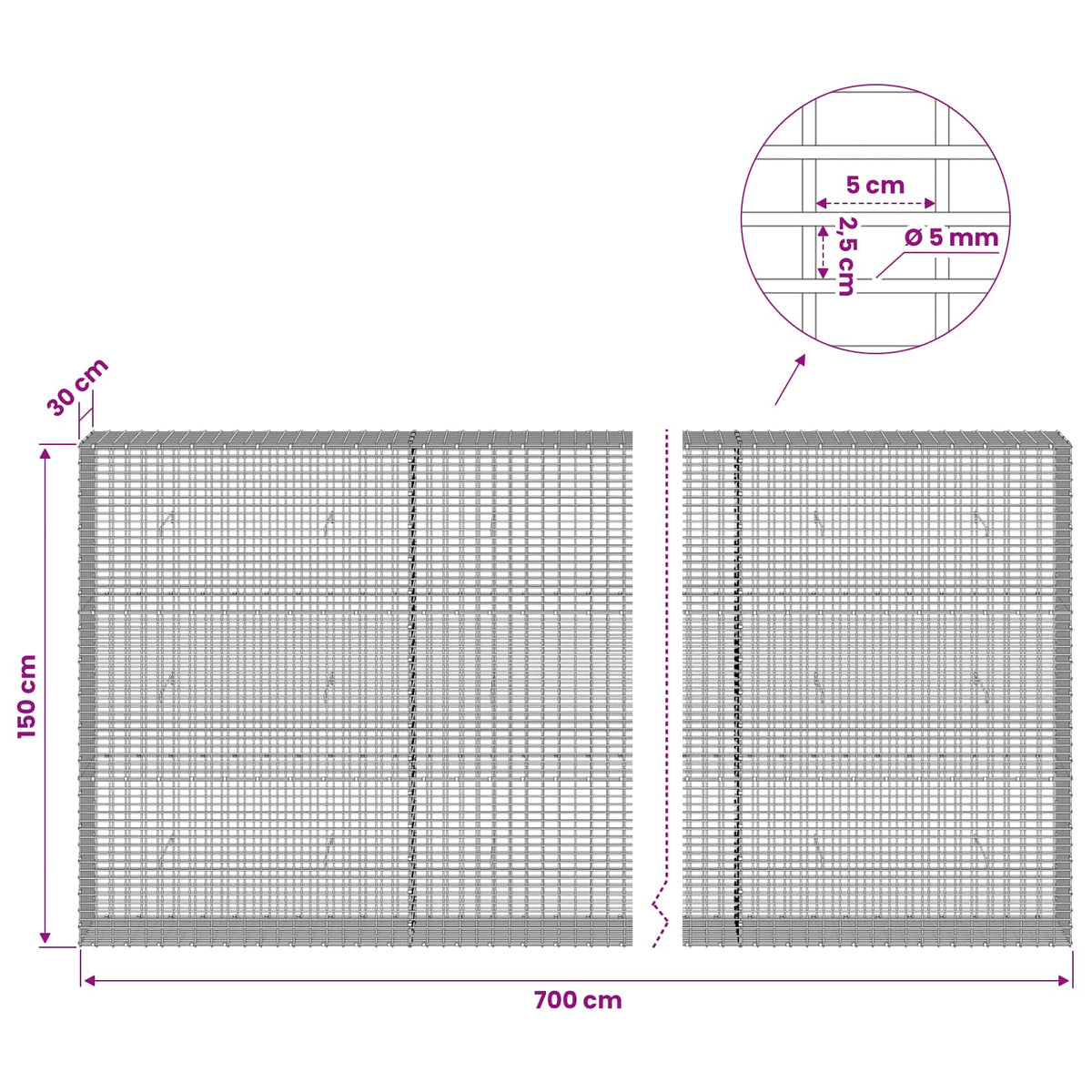 Gabionas su 5 mm viela ir 5x2,5 cm tinkleliu 700x30x150 cm