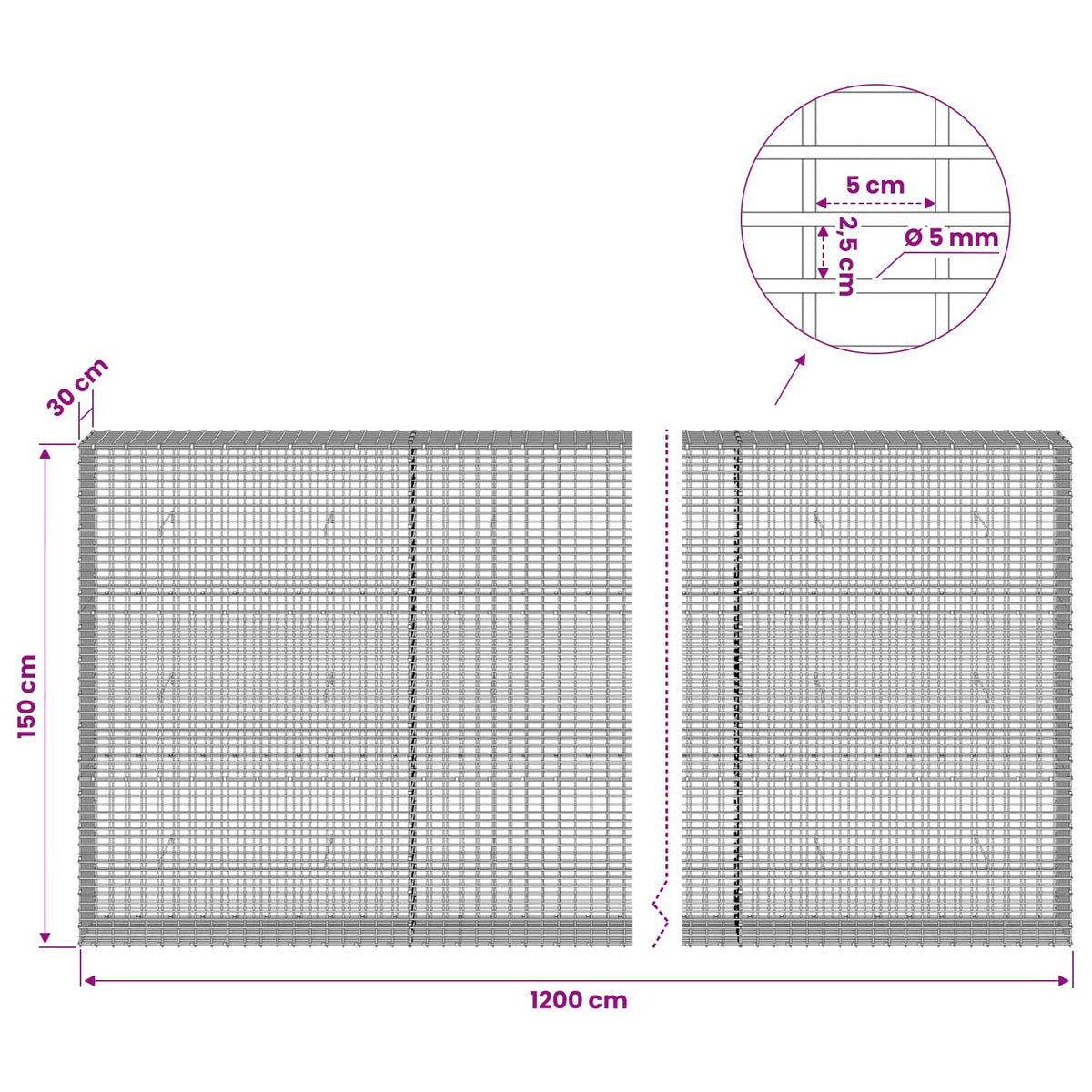 Gabionas su 5 mm viela ir 5x2,5 cm tinkleliu 1200x30x150 cm