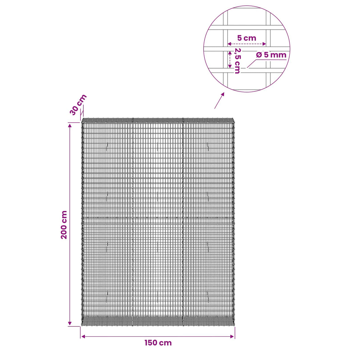 Gabionas su 5 mm viela ir 5x2,5 cm tinkleliu 150x30x200 cm