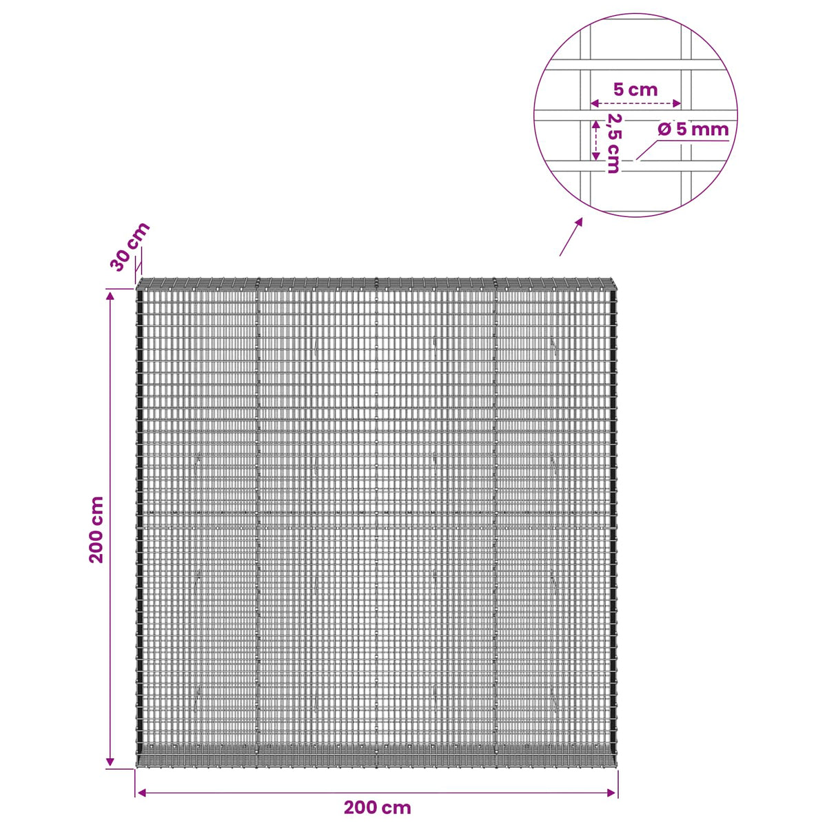Gabionas su 5 mm viela ir 5x2,5 cm tinkleliu 200x30x200 cm