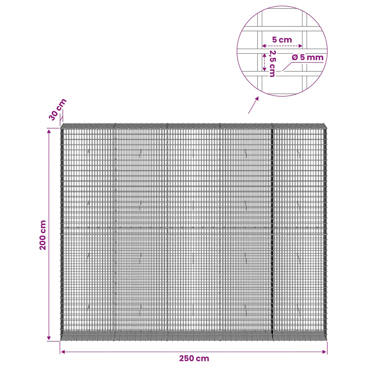 Gabionas su 5 mm viela ir 5x2,5 cm tinkleliu 250x30x200 cm