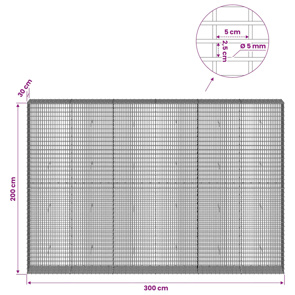 Gabionas su 5 mm viela ir 5x2,5 cm tinkleliu 300x30x200 cm