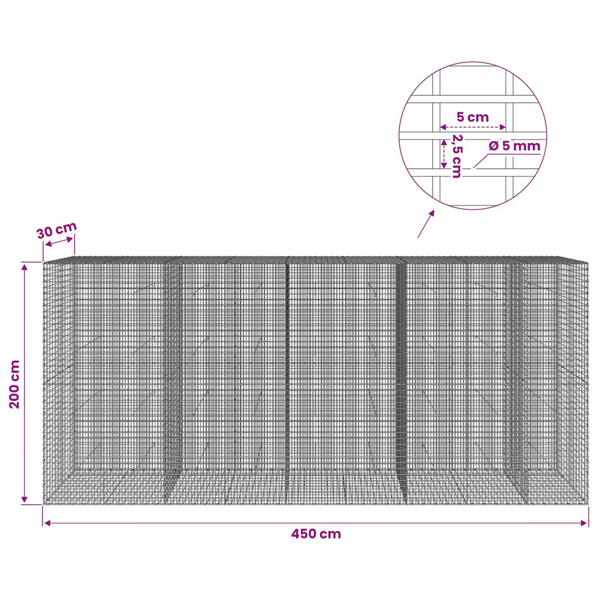 Gabionas su 5 mm viela ir 5x2,5 cm tinkleliu 450x30x200 cm