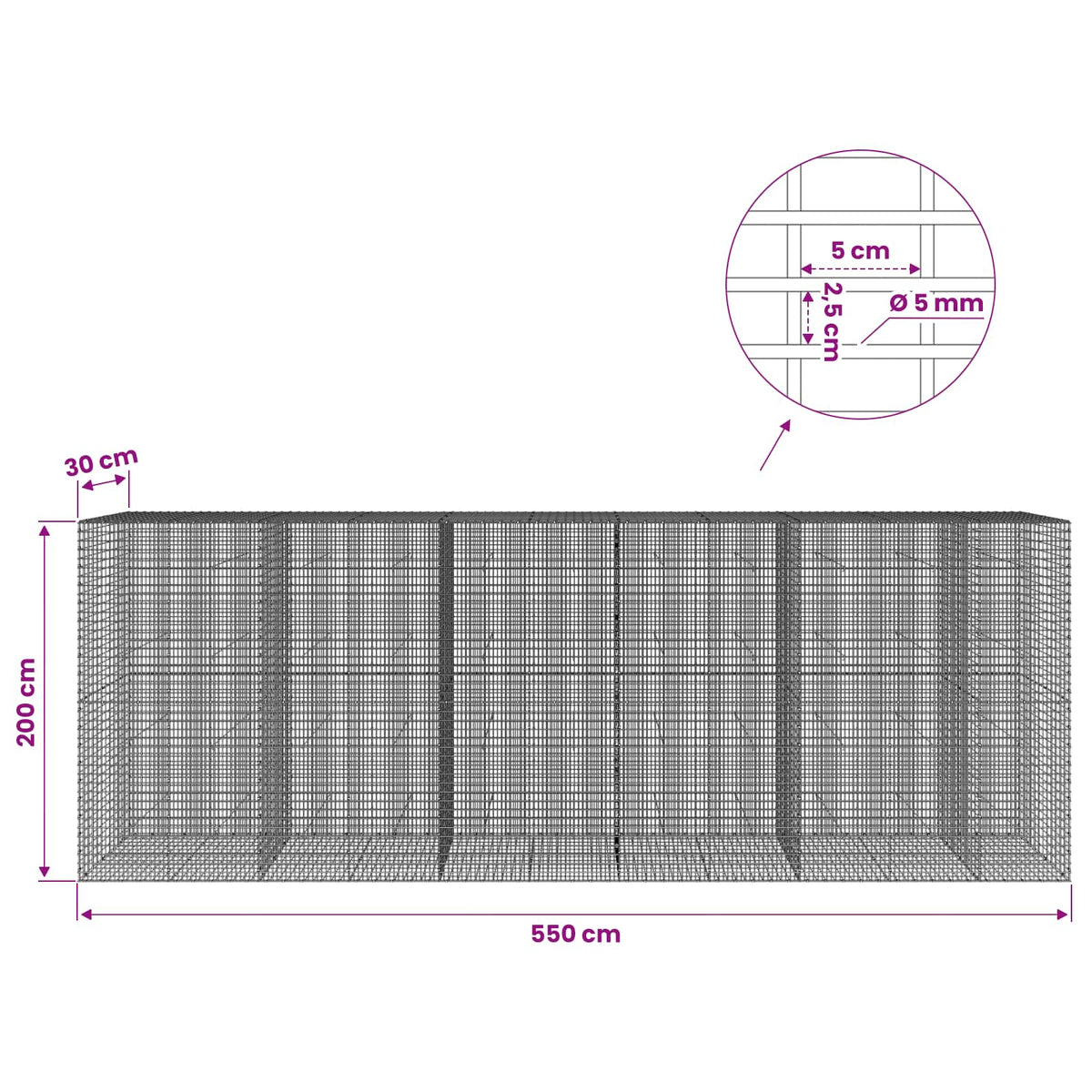 Gabionas su 5 mm viela ir 5x2,5 cm tinkleliu 550x30x200 cm