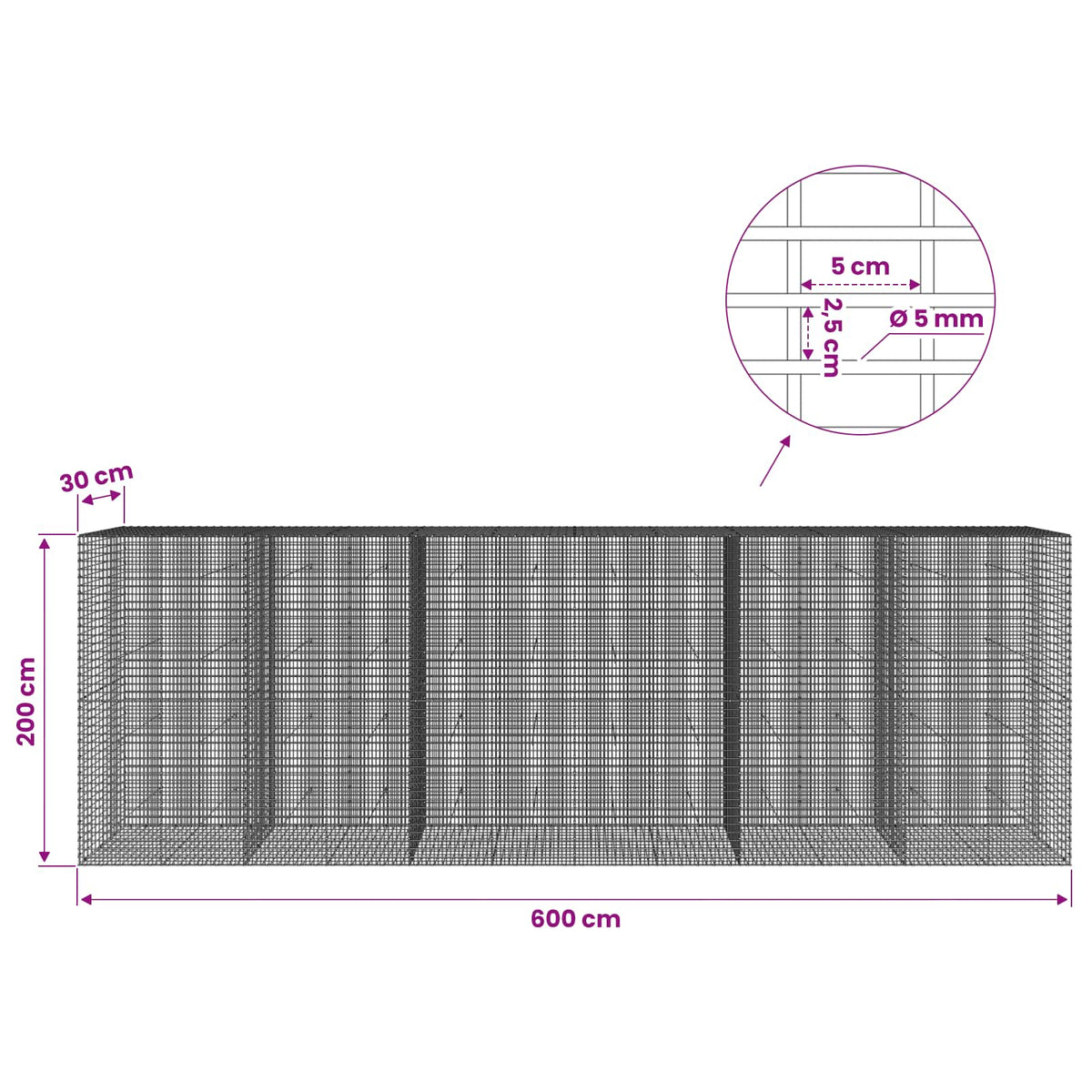 Gabionas su 5 mm viela ir 5x2,5 cm tinkleliu 600x30x200 cm