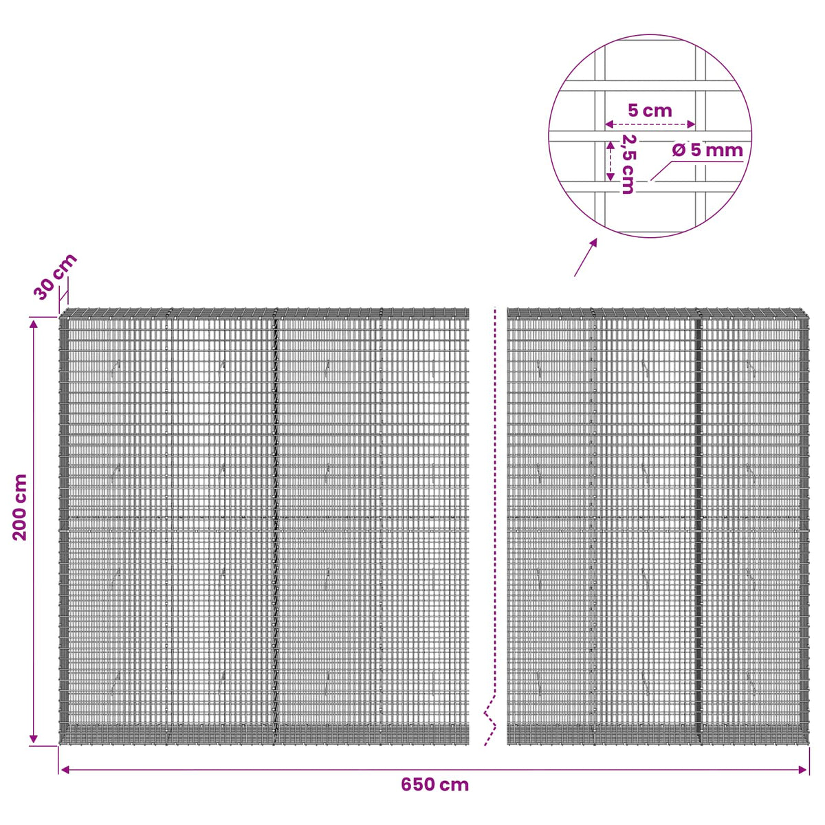 Gabionas su 5 mm viela ir 5x2,5 cm tinkleliu 650x30x200 cm