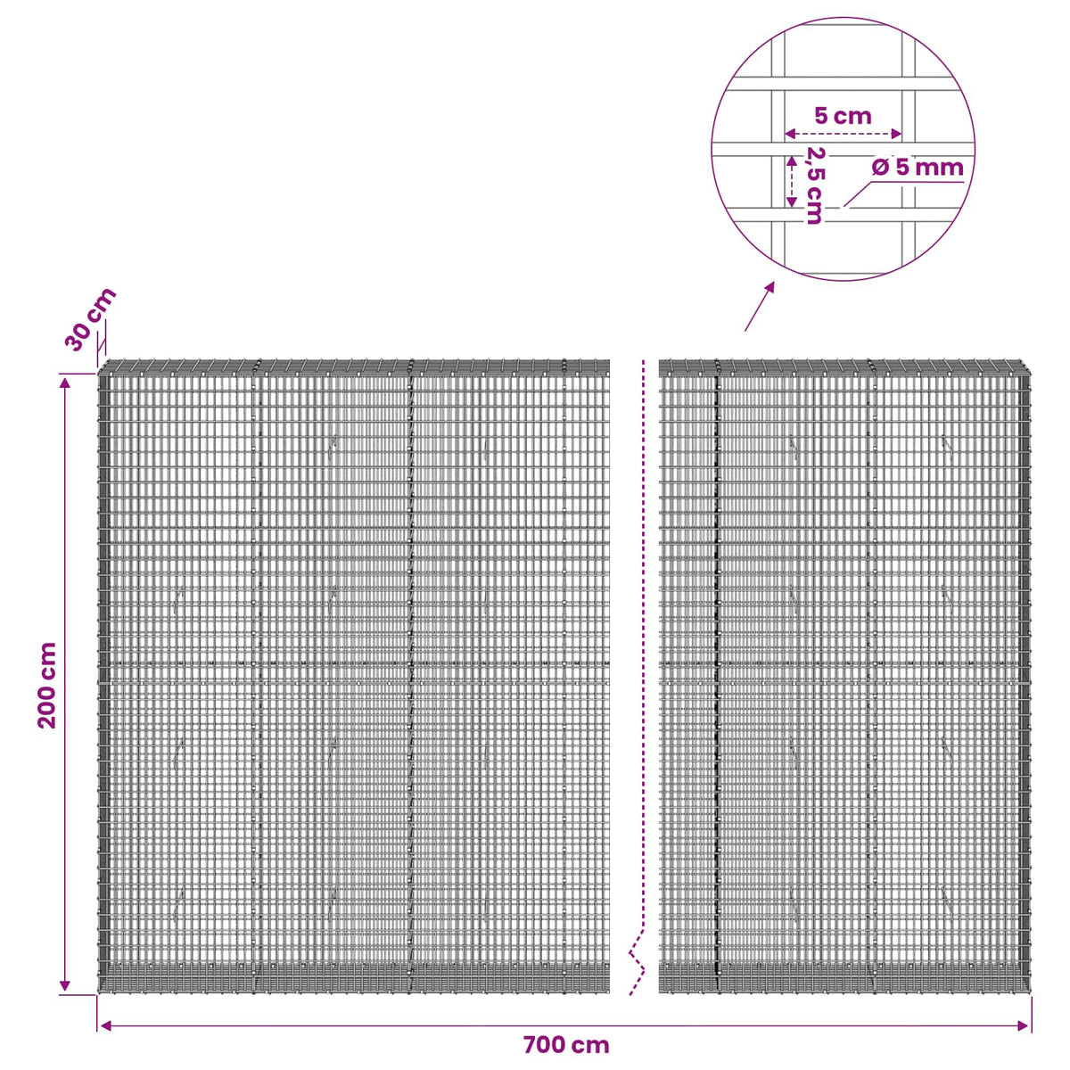 Gabionas su 5 mm viela ir 5x2,5 cm tinkleliu 700x30x200 cm