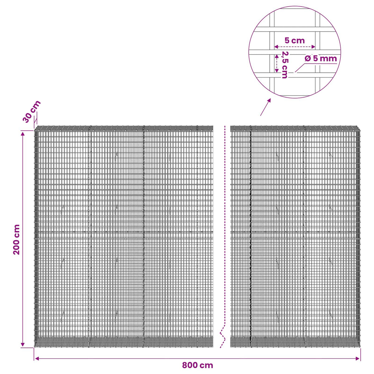 Gabionas su 5 mm viela ir 5x2,5 cm tinkleliu 800x30x200 cm