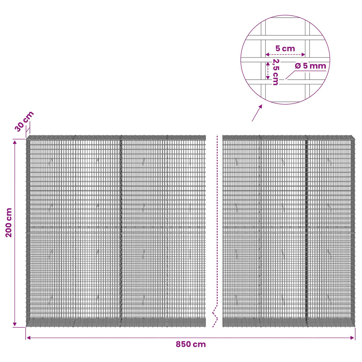Gabionas su 5 mm viela ir 5x2,5 cm tinkleliu 850x30x200 cm