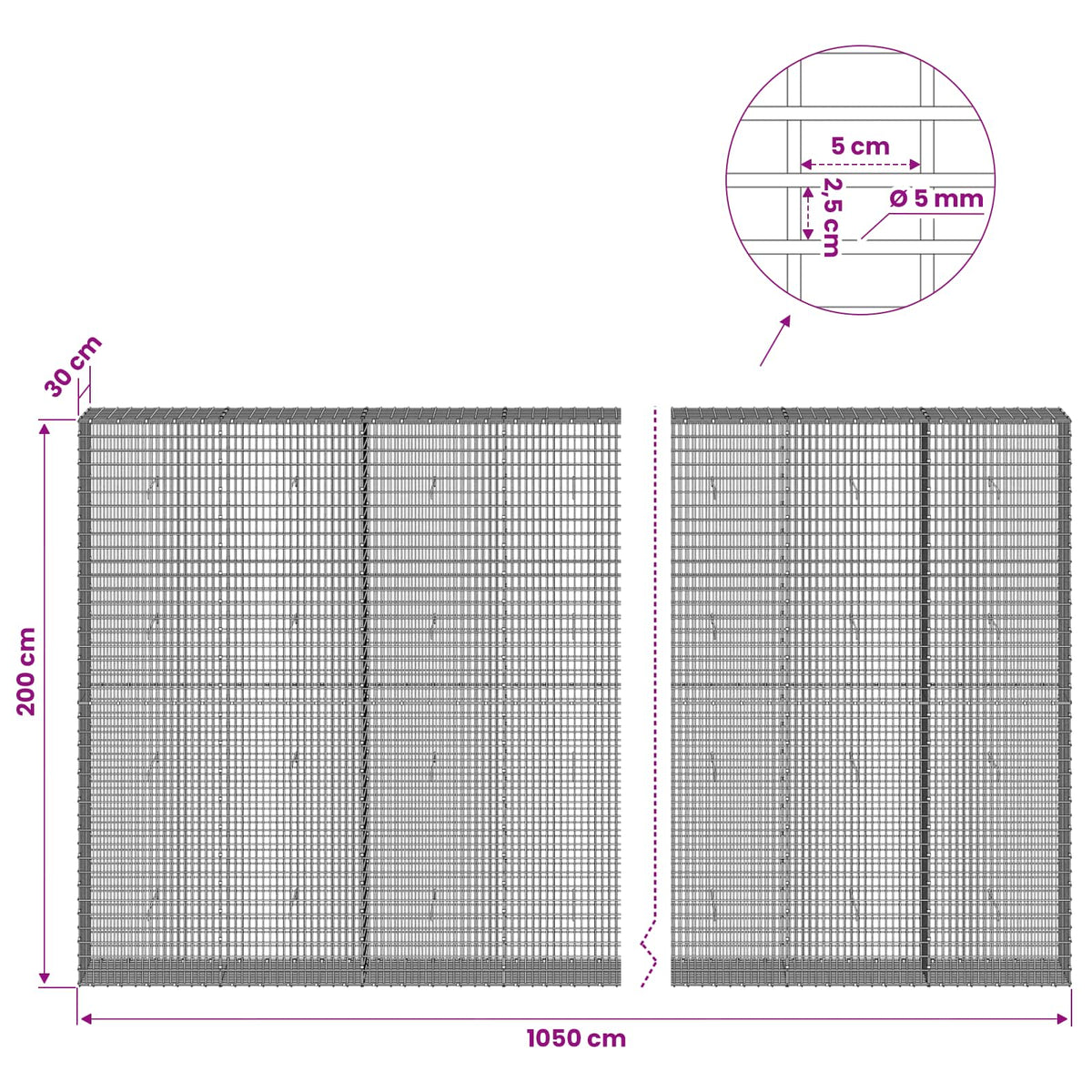 Gabionas su 5 mm viela ir 5x2,5 cm tinkleliu 1050x30x200 cm