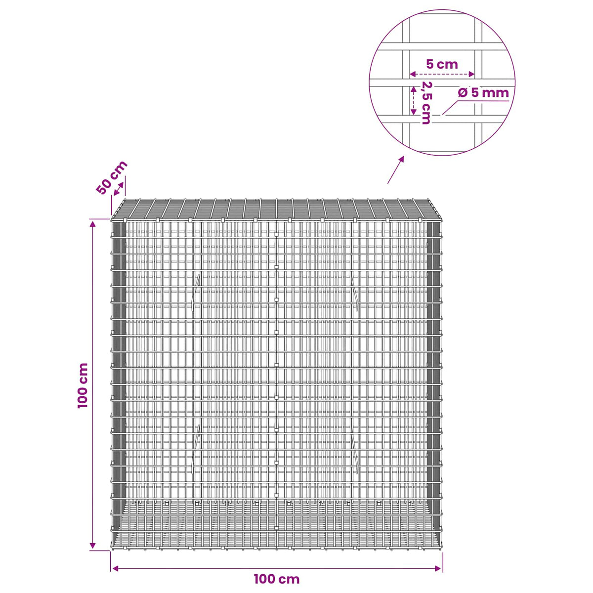 Gabionas su 5 mm viela ir 5x2,5 cm tinkleliu 100x50x100 cm