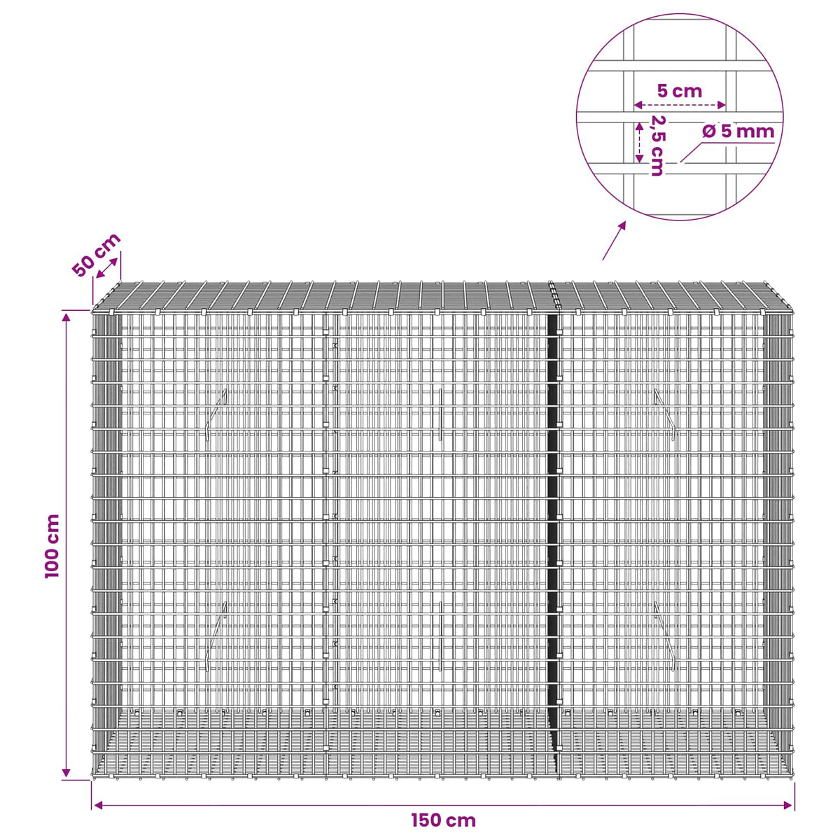 Gabionas su 5 mm viela ir 5x2,5 cm tinkleliu 150x50x100 cm