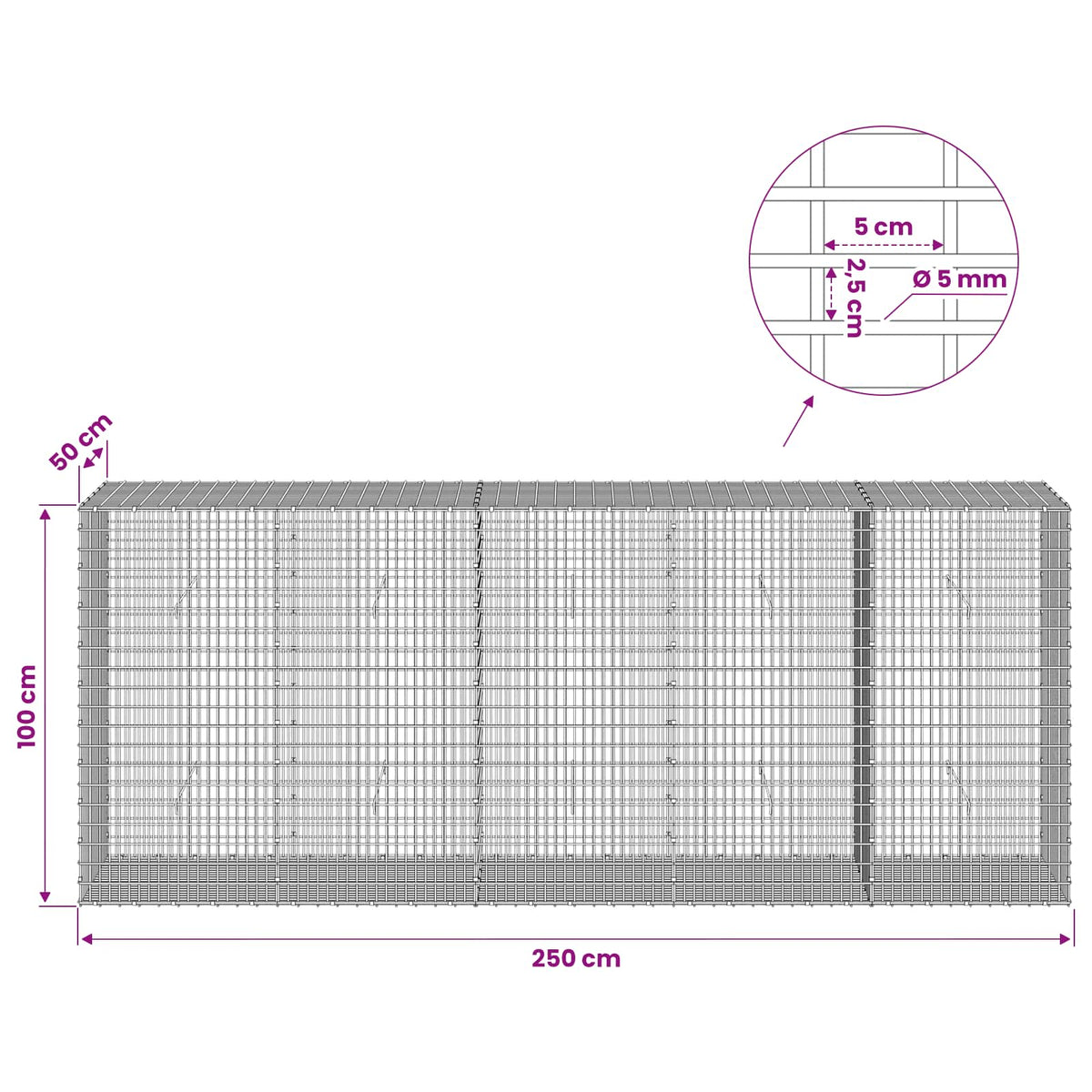 Gabionas su 5 mm viela ir 5x2,5 cm tinkleliu 250x50x100 cm