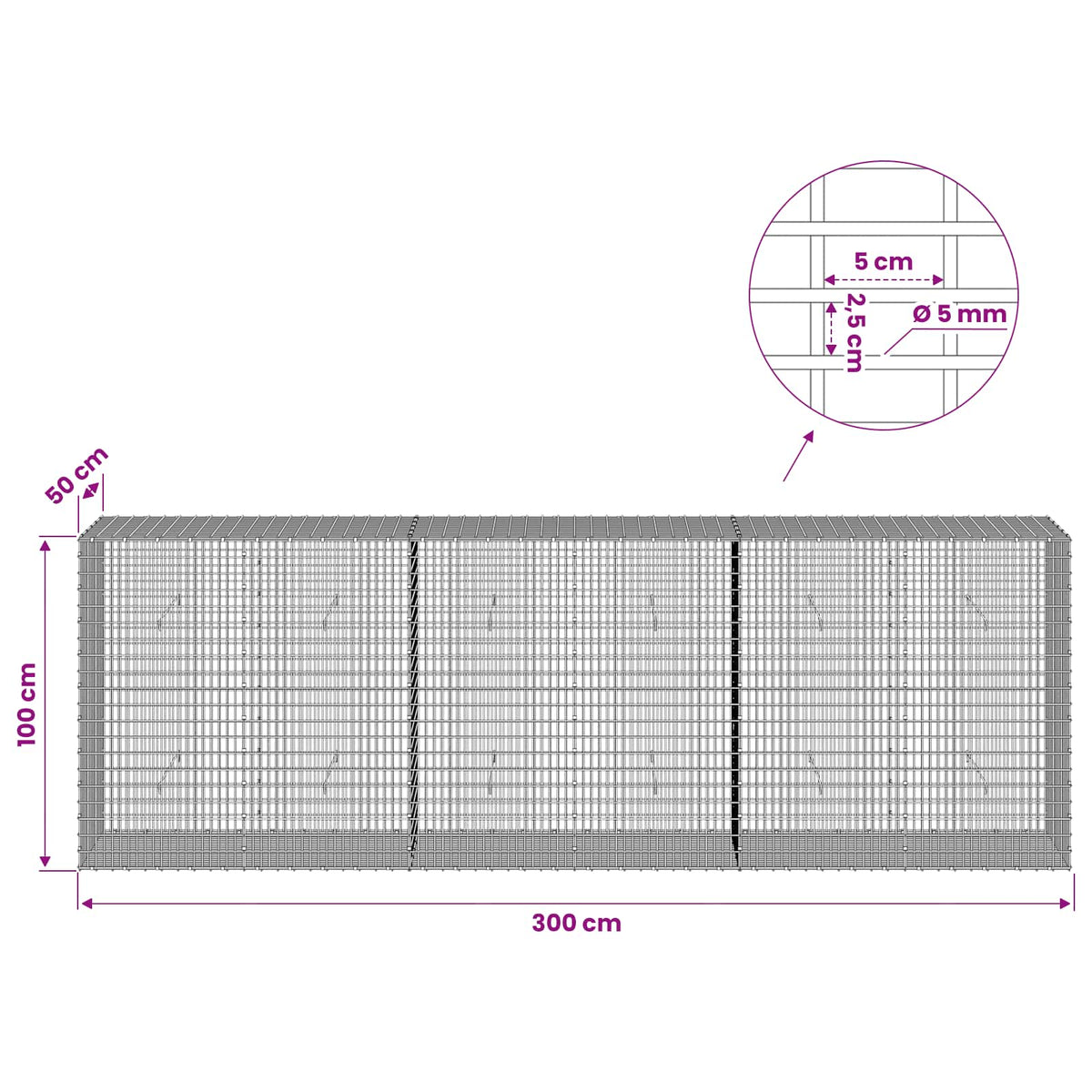 Gabionas su 5 mm viela ir 5x2,5 cm tinkleliu 300x50x100 cm