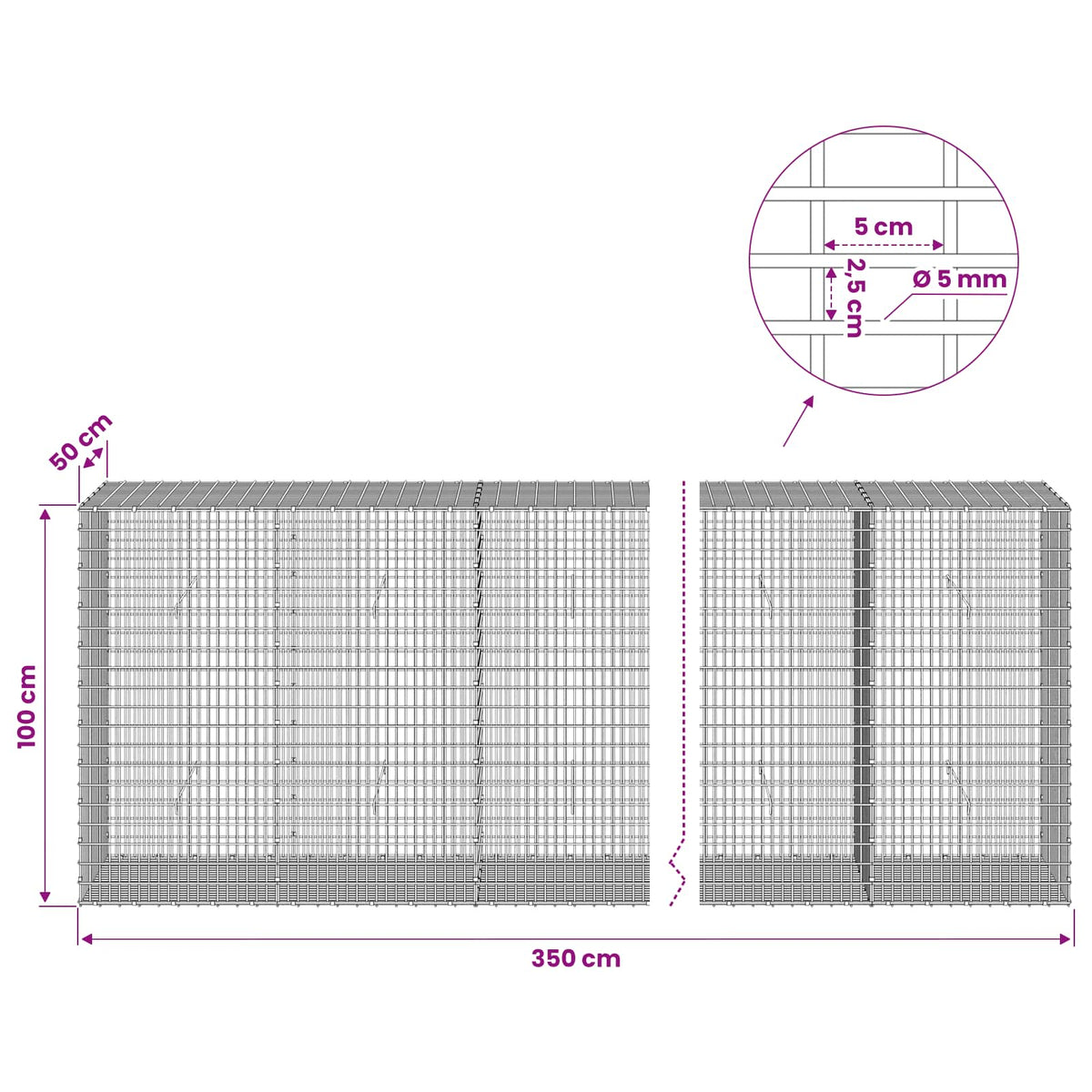 Gabionas su 5 mm viela ir 5x2,5 cm tinkleliu 350x50x100 cm