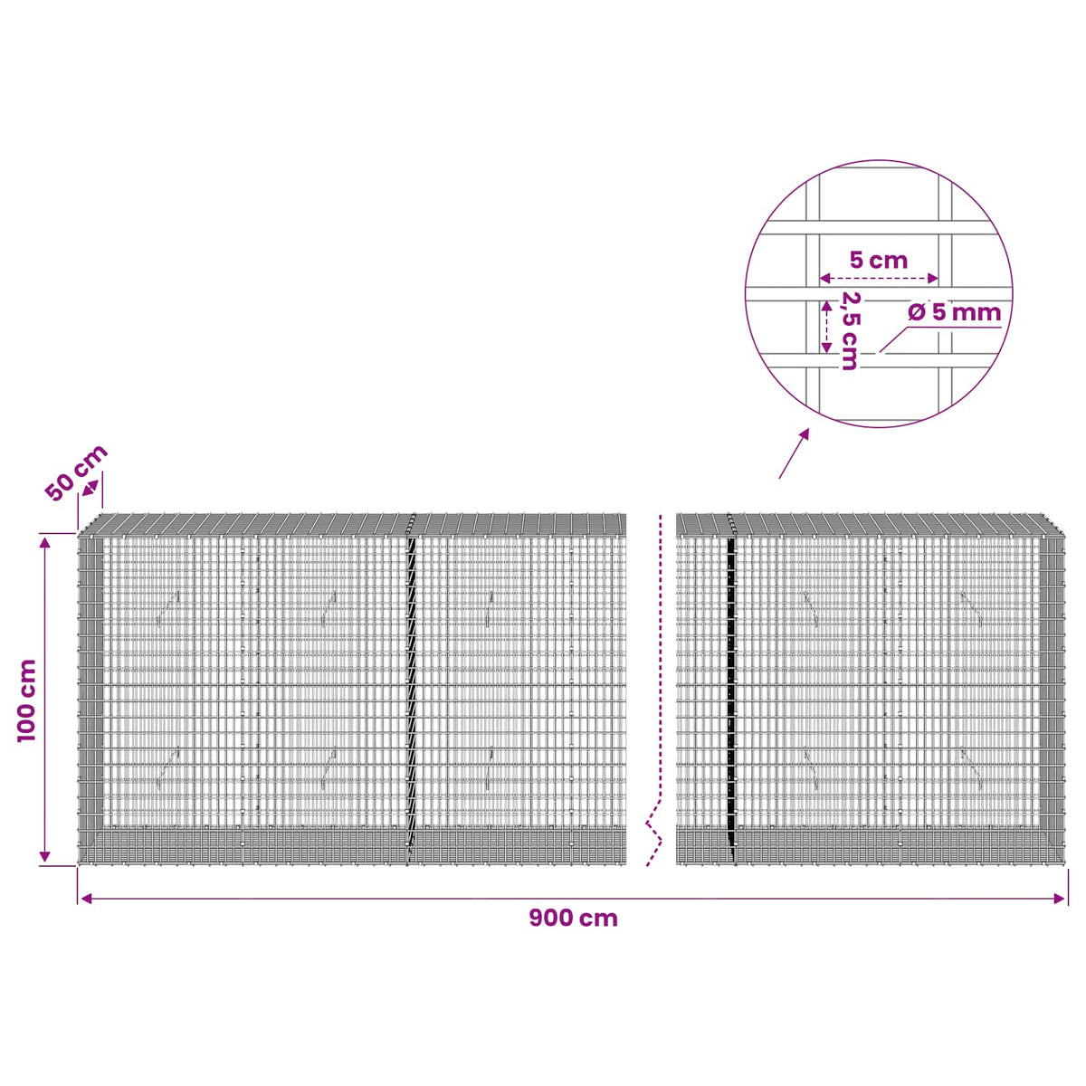 Gabionas su 5 mm viela ir 5x2,5 cm tinkleliu 900x50x100 cm