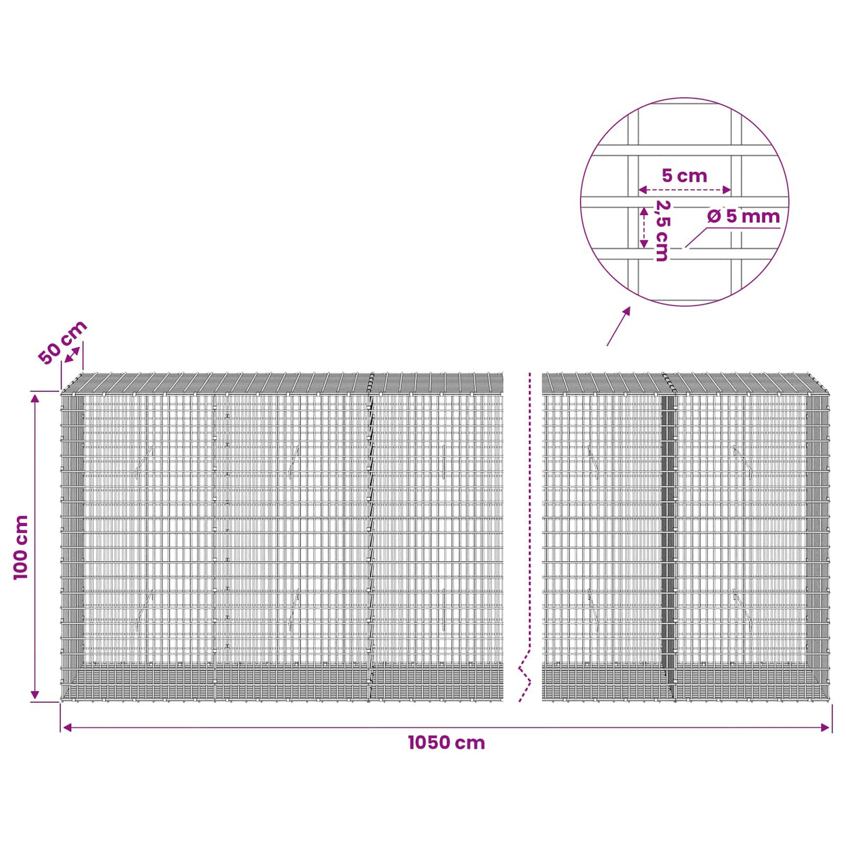 Gabionas su 5 mm viela ir 5x2,5 cm tinkleliu 1050x50x100 cm