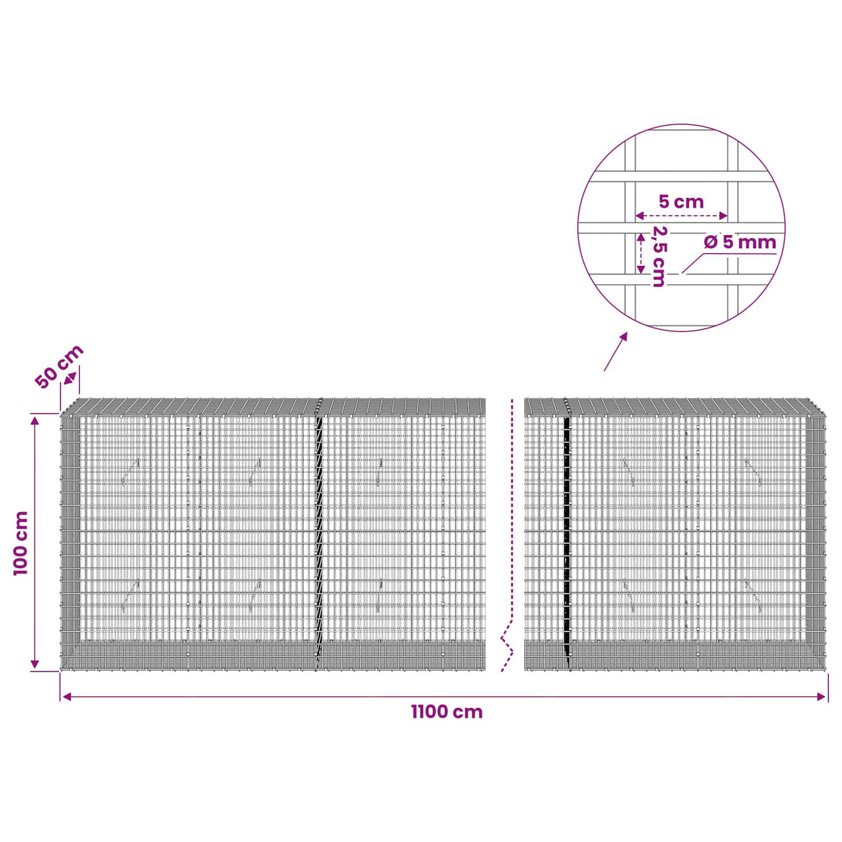 Gabionas su 5 mm viela ir 5x2,5 cm tinkleliu 1100x50x100 cm