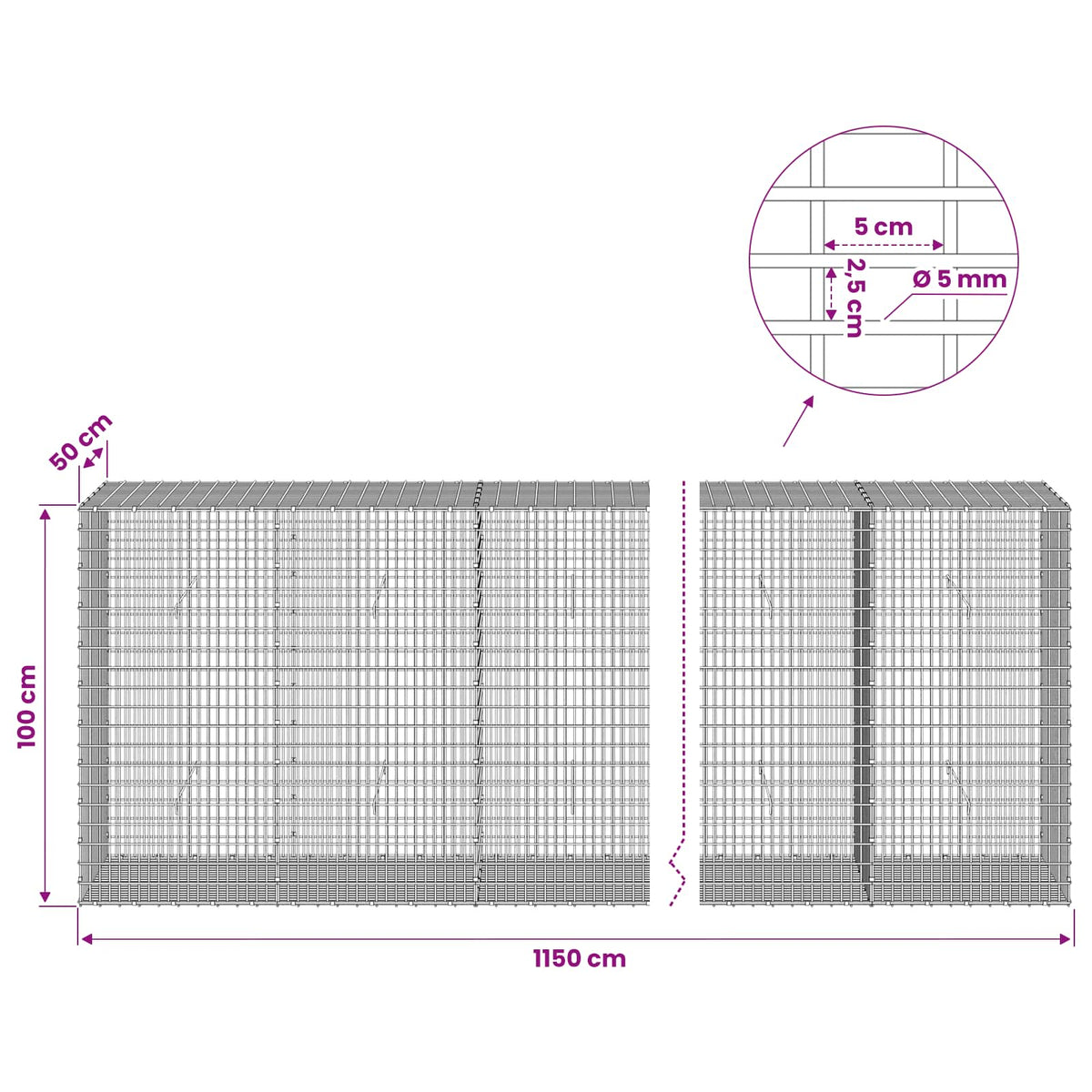 Gabionas su 5 mm viela ir 5x2,5 cm tinkleliu 1150x50x100 cm