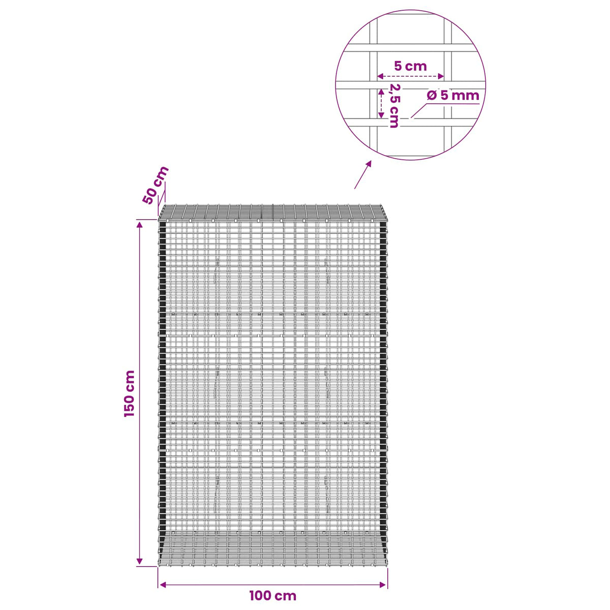 Gabionas su 5 mm viela ir 5x2,5 cm tinkleliu 100x50x150 cm