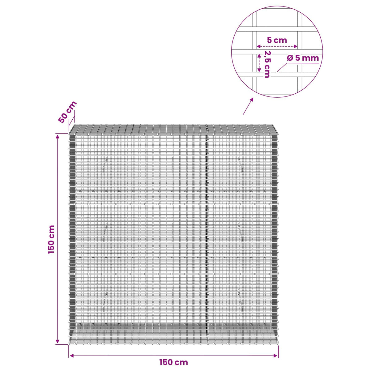 Gabionas su 5 mm viela ir 5x2,5 cm tinkleliu 150x50x150 cm