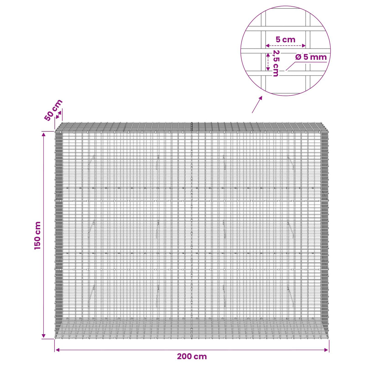 Gabionas su 5 mm viela ir 5x2,5 cm tinkleliu 200x50x150 cm