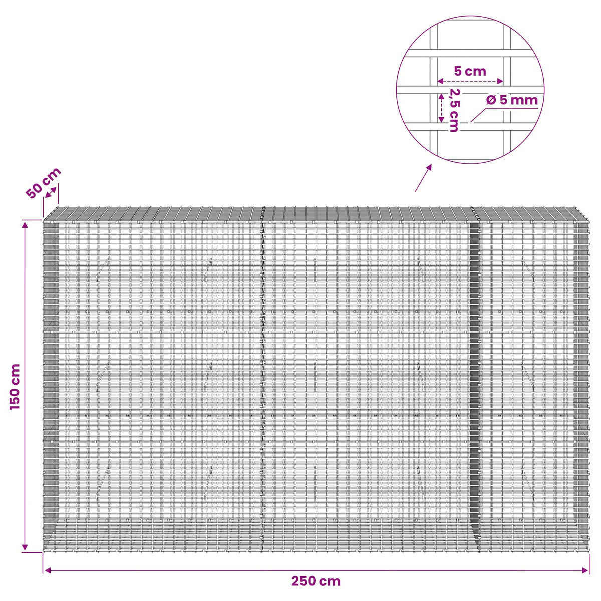 Gabionas su 5 mm viela ir 5x2,5 cm tinkleliu 250x50x150 cm