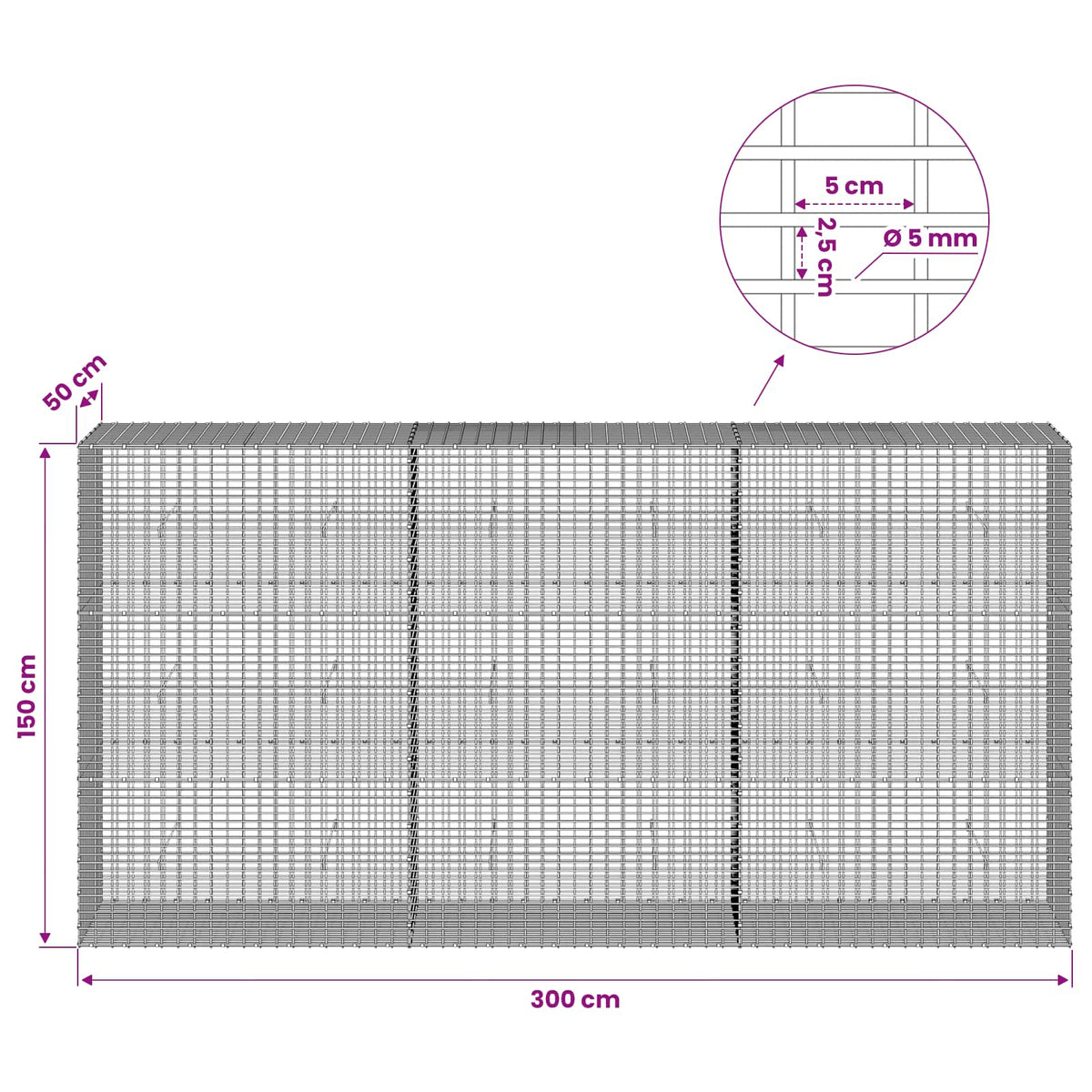 Gabionas su 5 mm viela ir 5x2,5 cm tinkleliu 300x50x150 cm