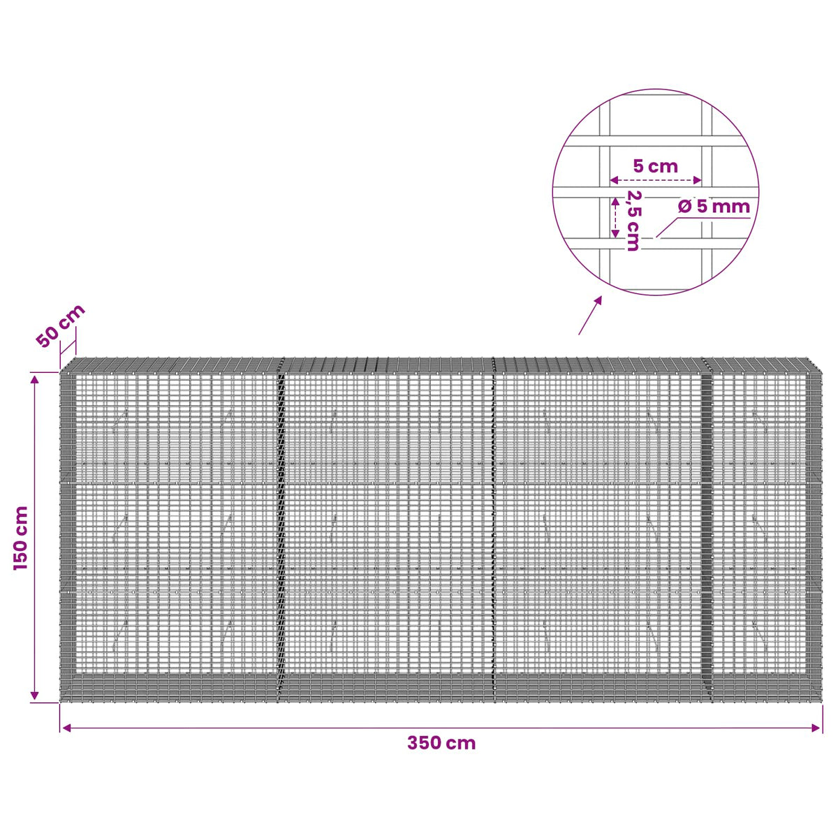 Gabionas su 5 mm viela ir 5x2,5 cm tinkleliu 350x50x150 cm