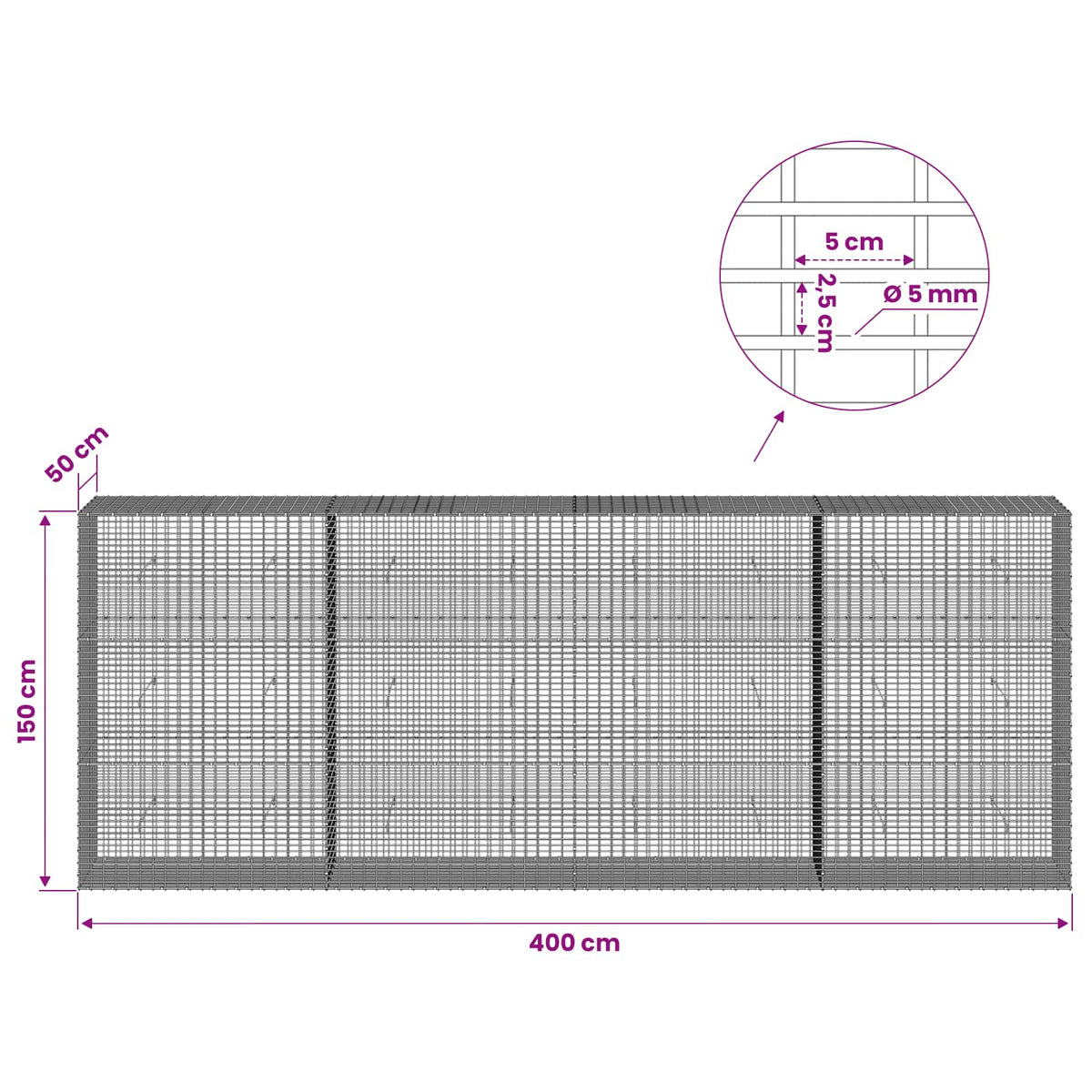 Gabionas su 5 mm viela ir 5x2,5 cm tinkleliu 400x50x150 cm