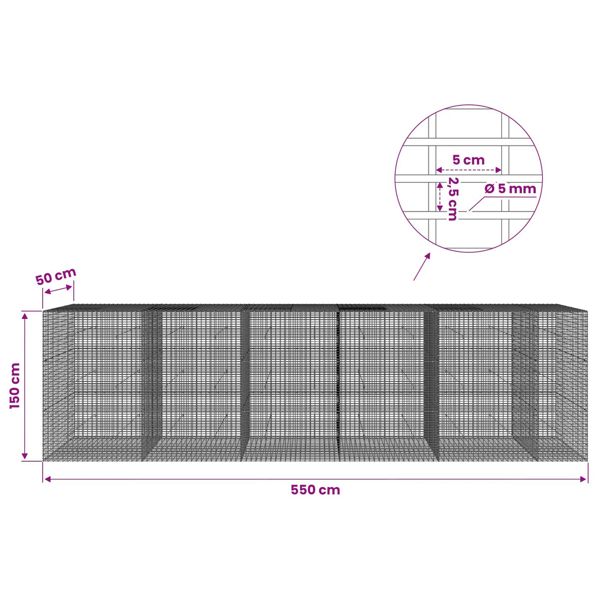 Gabionas su 5 mm viela ir 5x2,5 cm tinkleliu 550x50x150 cm