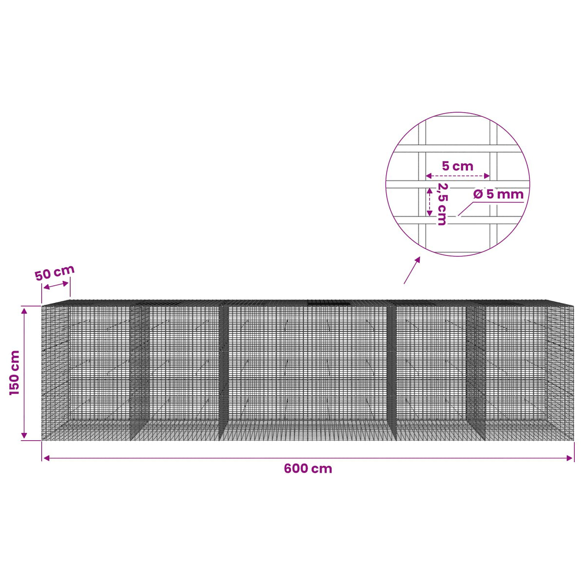 Gabionas su 5 mm viela ir 5x2,5 cm tinkleliu 600x50x150 cm