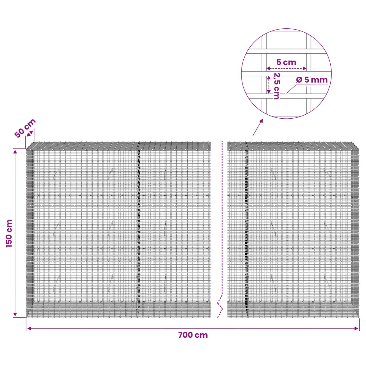 Gabionas su 5 mm viela ir 5x2,5 cm tinkleliu 700x50x150 cm