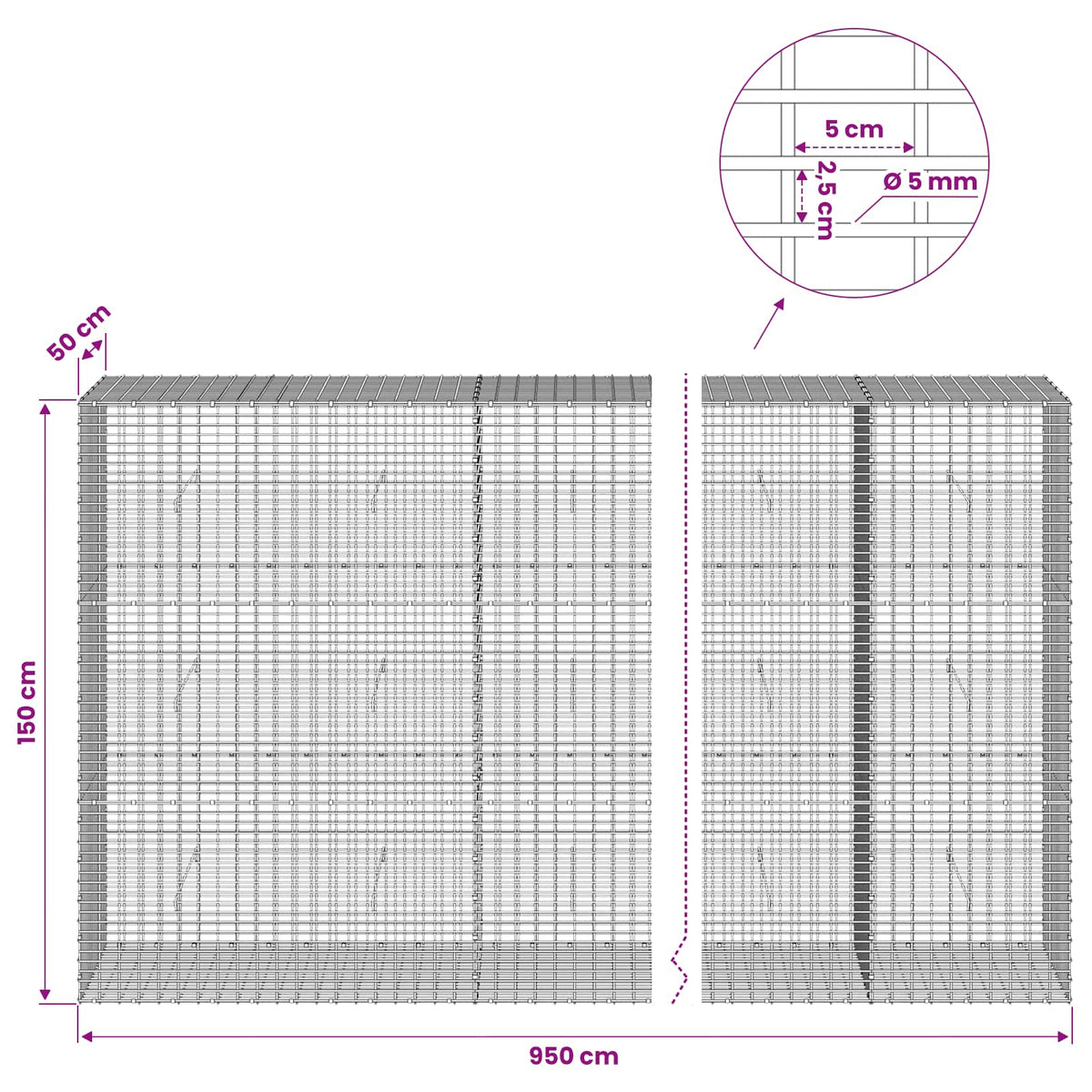 Gabionas su 5 mm viela ir 5x2,5 cm tinkleliu 950x50x150 cm