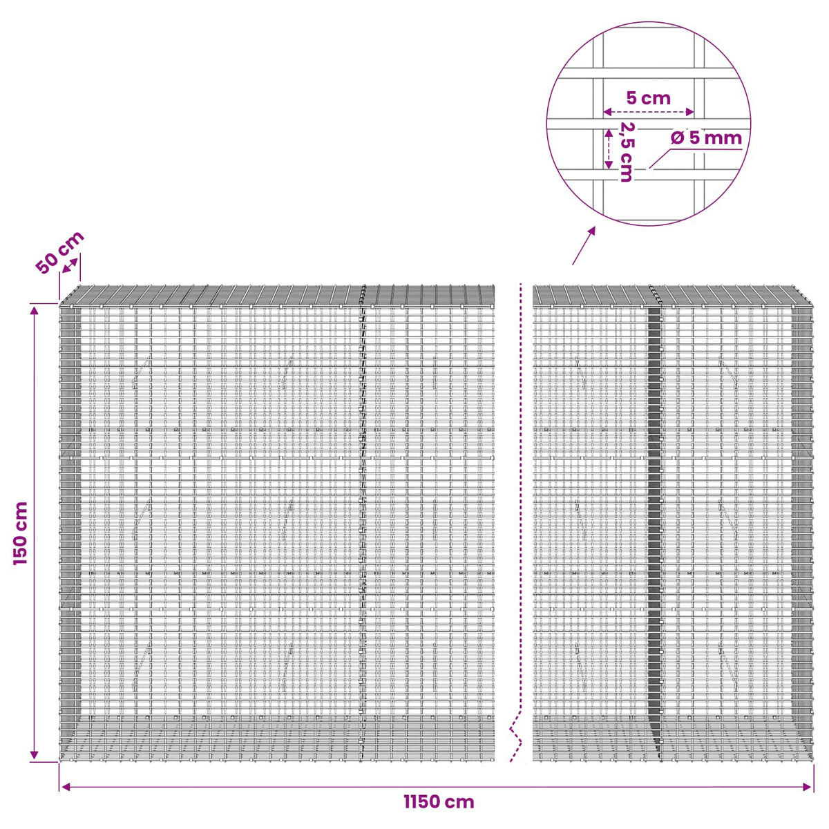 Gabionas su 5 mm viela ir 5x2,5 cm tinkleliu 1150x50x150 cm