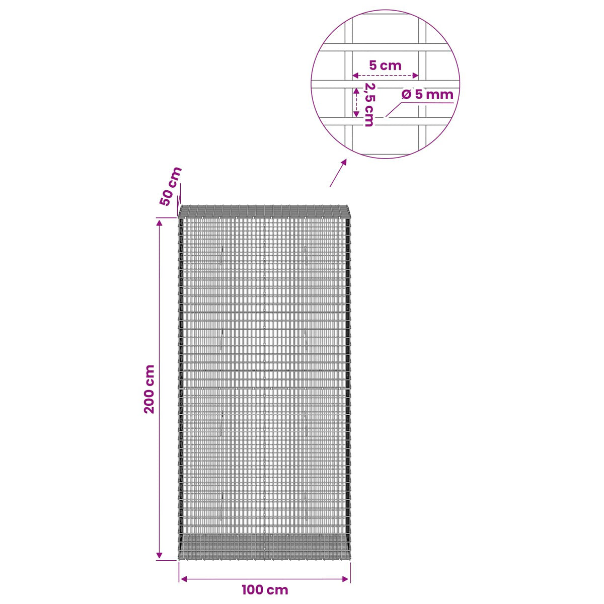 Gabionas su 5 mm viela ir 5x2,5 cm tinkleliu 100x50x200 cm