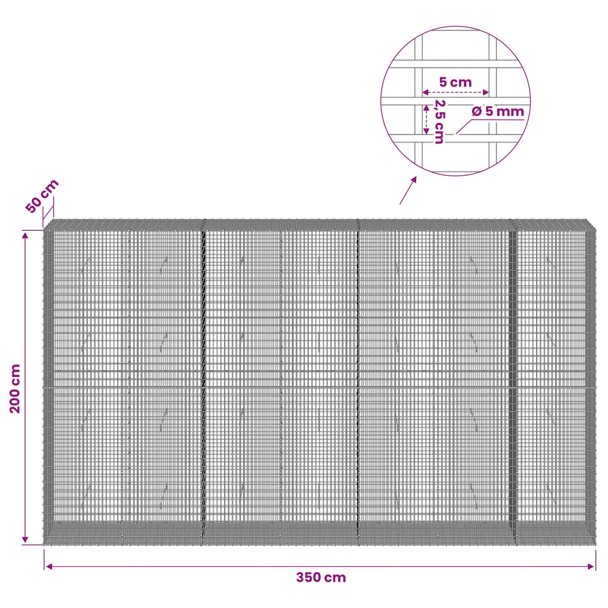 Gabionas su 5 mm viela ir 5x2,5 cm tinkleliu 350x50x200 cm
