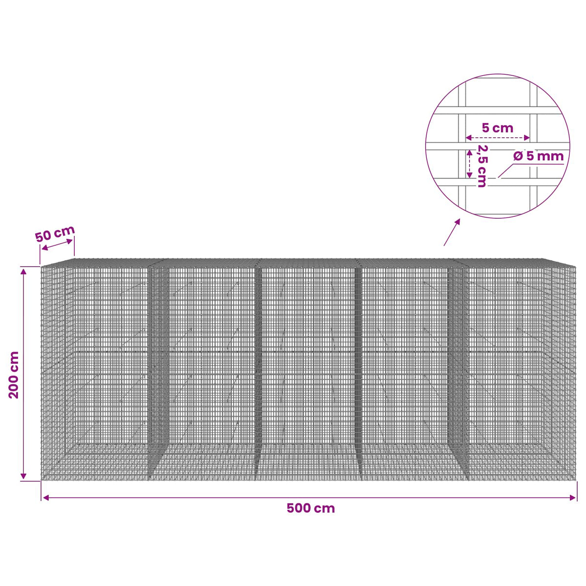 Gabionas su 5 mm viela ir 5x2,5 cm tinkleliu 500x50x200 cm