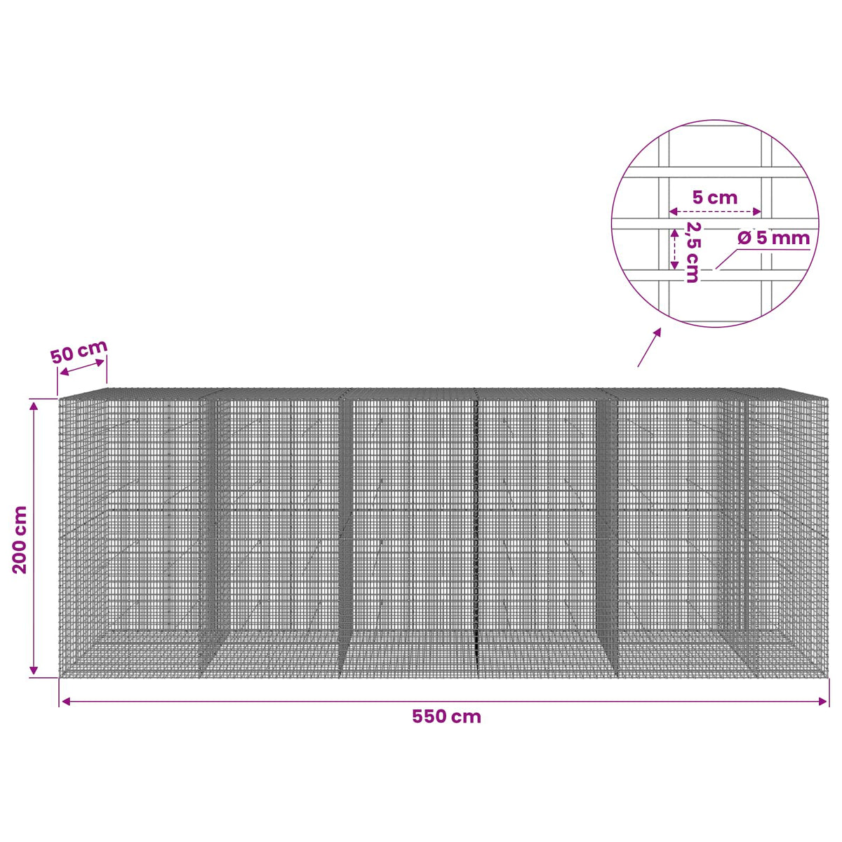 Gabionas su 5 mm viela ir 5x2,5 cm tinkleliu 550x50x200 cm