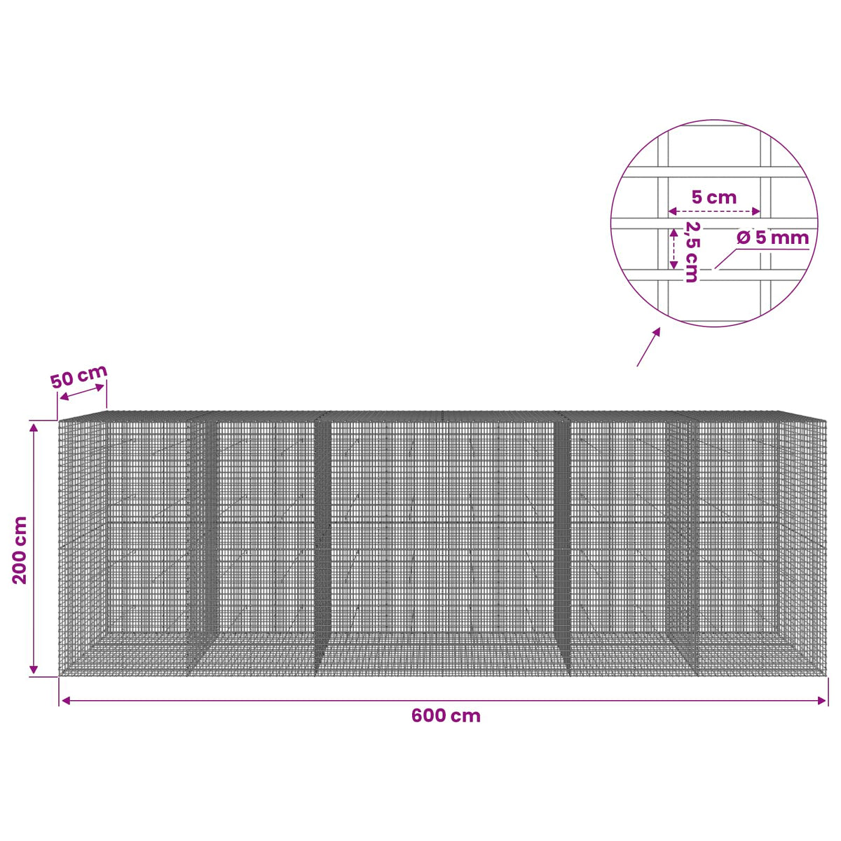 Gabionas su 5 mm viela ir 5x2,5 cm tinkleliu 600x50x200 cm