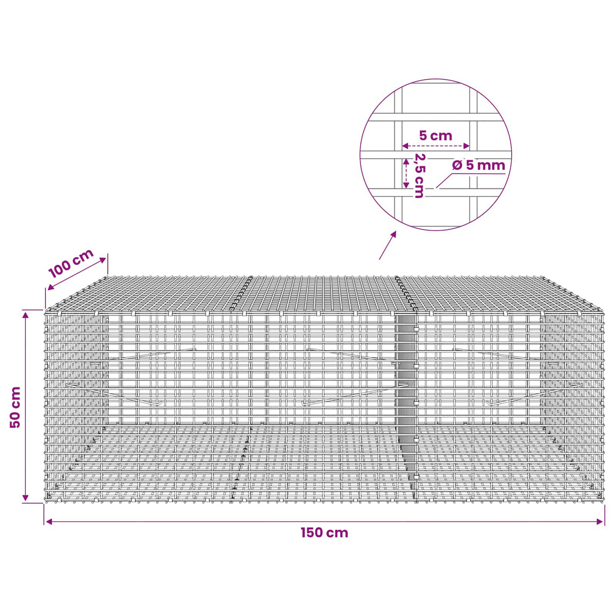 Gabionas su 5 mm viela ir 5x2,5 cm tinkleliu 150x100x50 cm