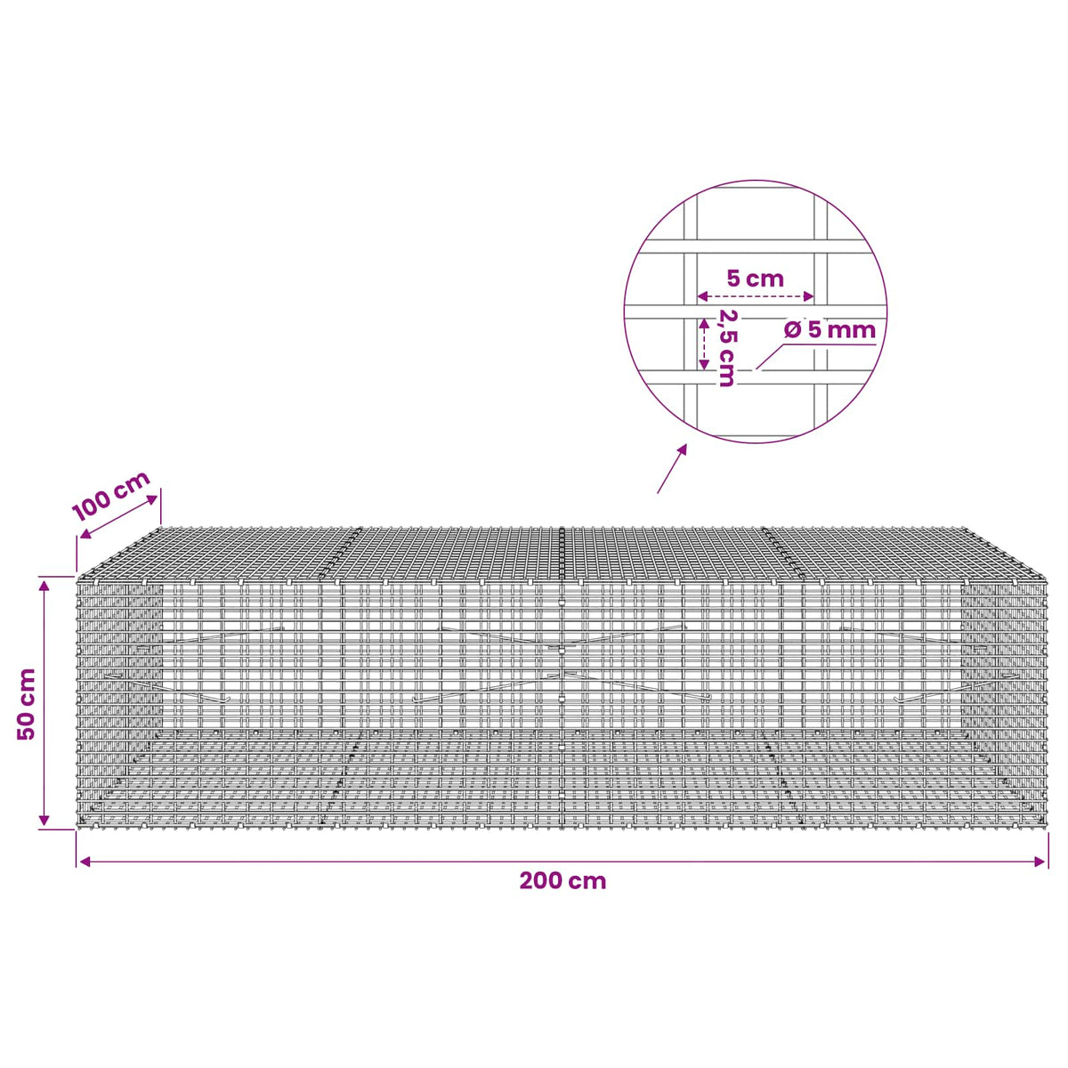 Gabionas su 5 mm viela ir 5x2,5 cm tinkleliu 200x100x50 cm