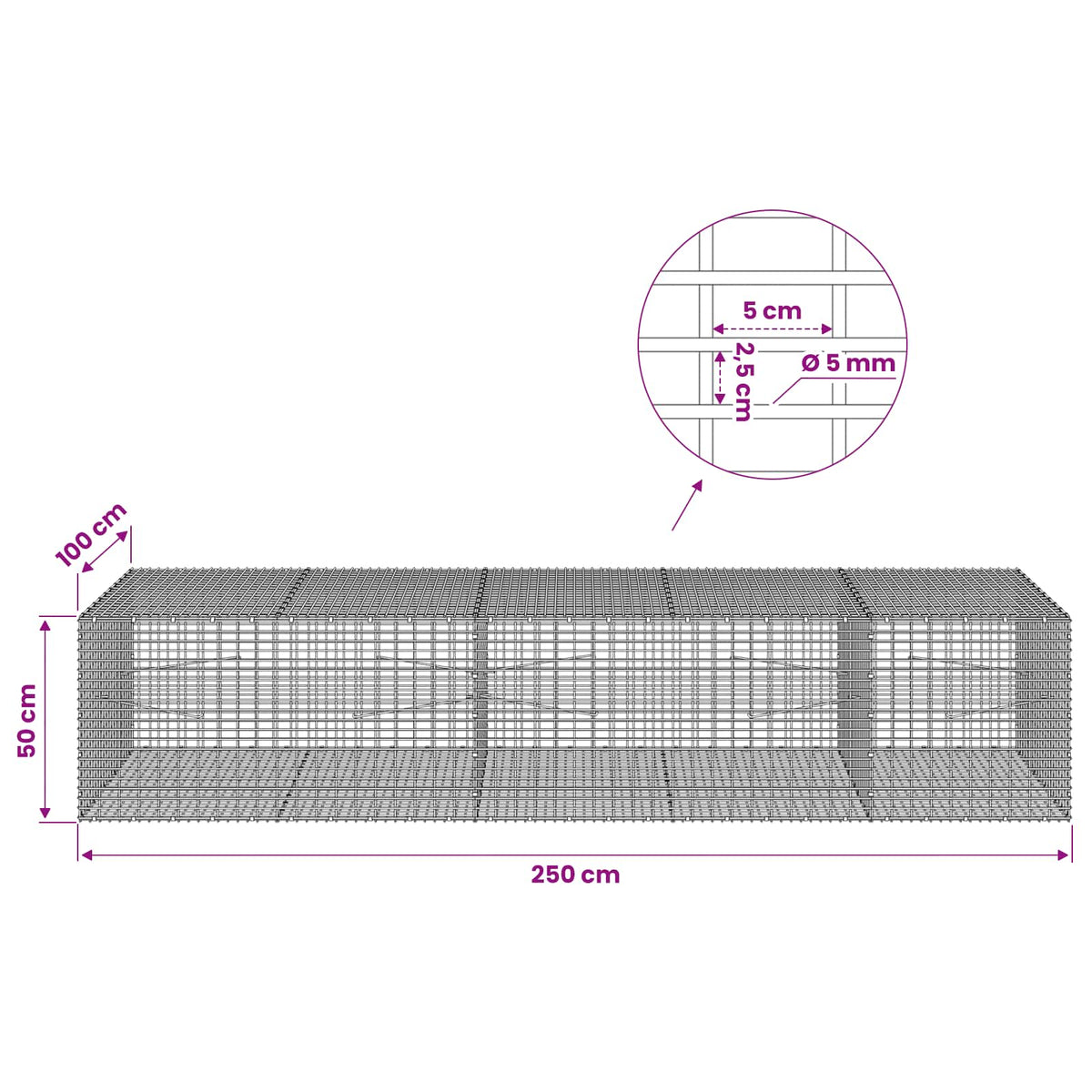 Gabionas su 5 mm viela ir 5x2,5 cm tinkleliu 250x100x50 cm